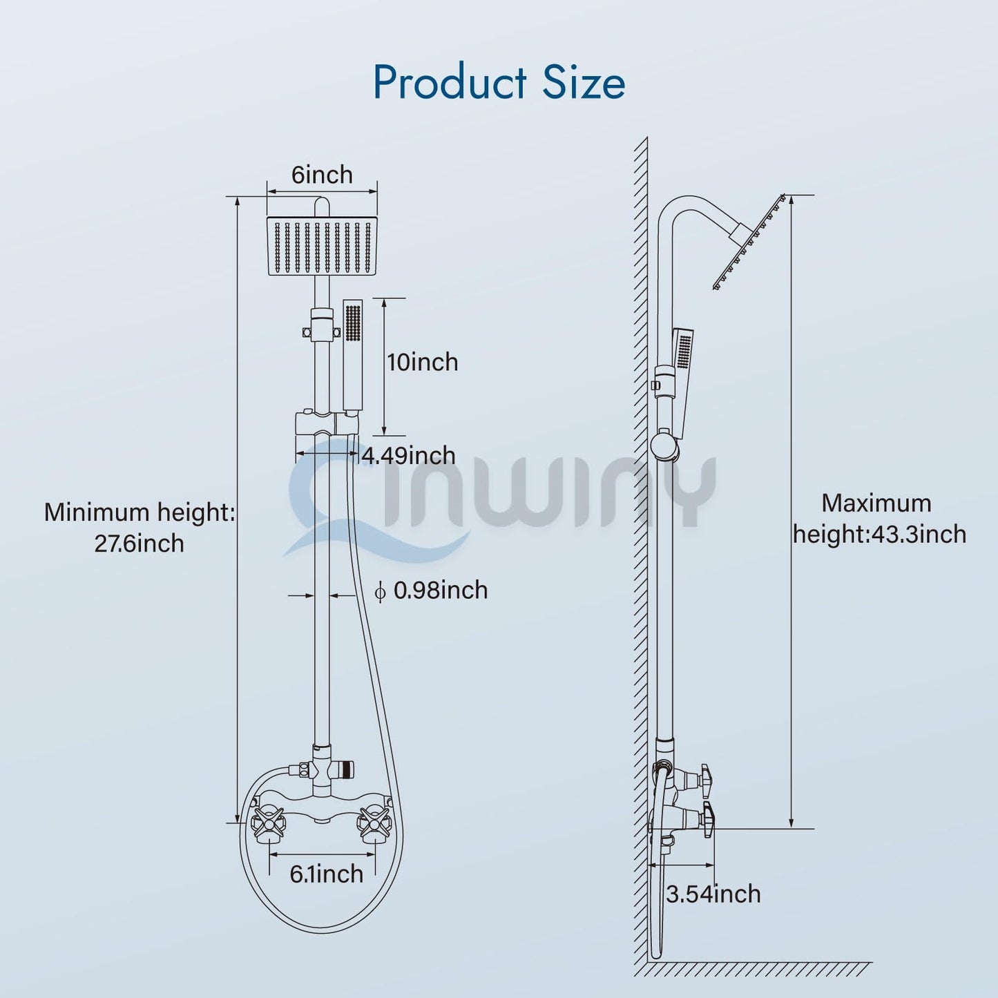 Cinwiny Wall Mounted Outdoor Shower System Matte Black 6" Square Rainfall Shower head with Hand Held Spray Double Cross Handles with Adjustable Slide Bar Two Function Exposed Shower Kit