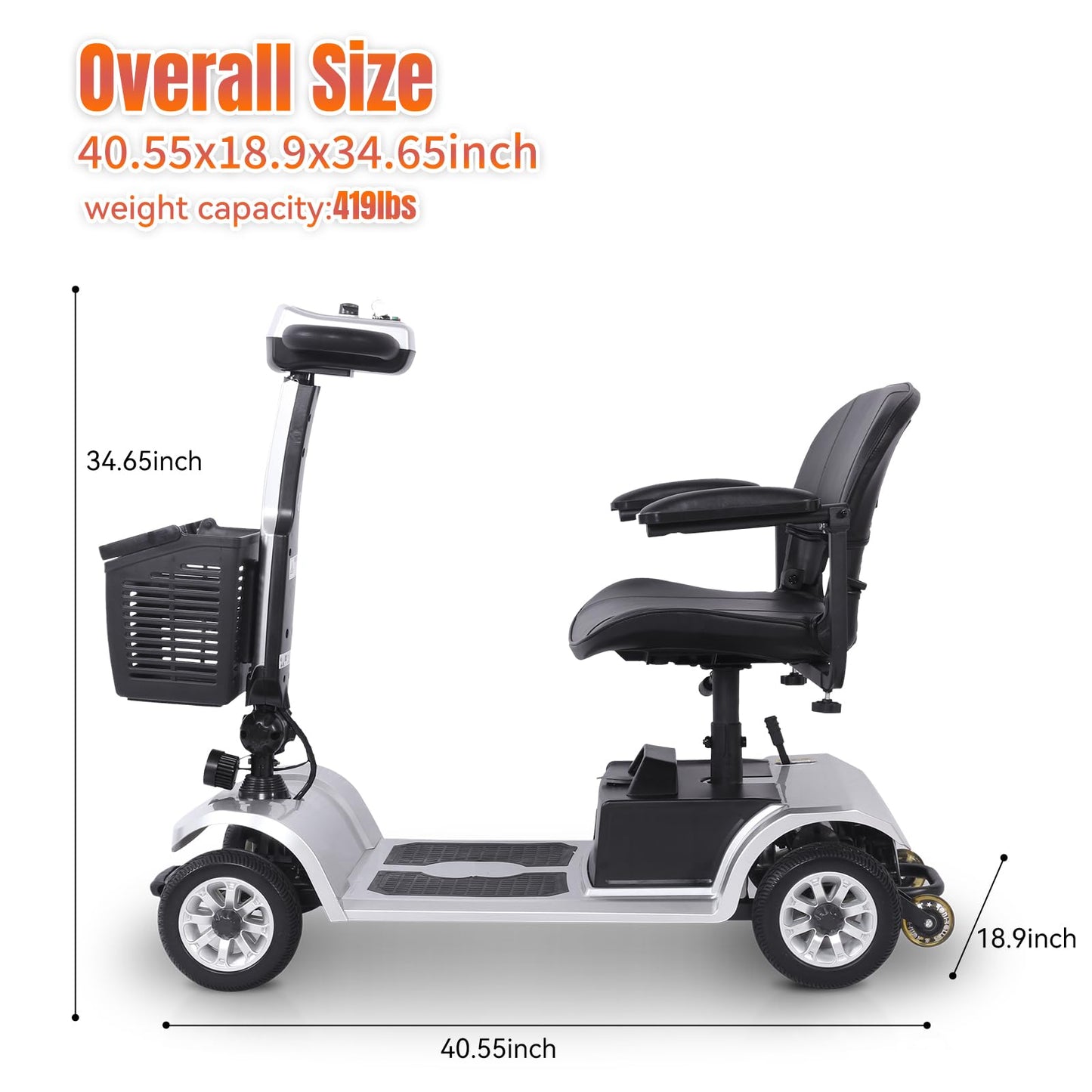 30 Miles Long Range 4 Wheel Electric Mobility Scooter Compact Heavy Duty Mobile for Travel, Adults, Elderly,Foldable Mobility Scooter with Charger & Basket (Silver)