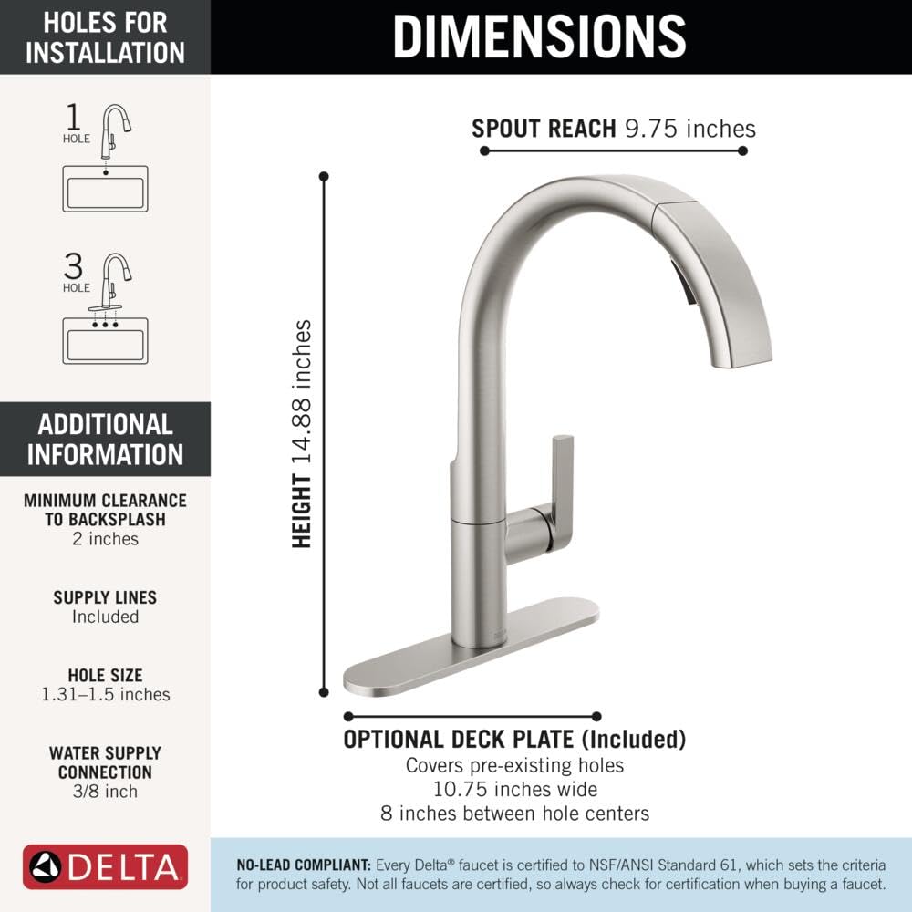 Delta Keele Brushed Nickel Kitchen Faucet with Pull Down Sprayer, Modern Single Hole Kitchen Sink Faucet, Single Handle, Spotshield Stainless 19824LF-SP