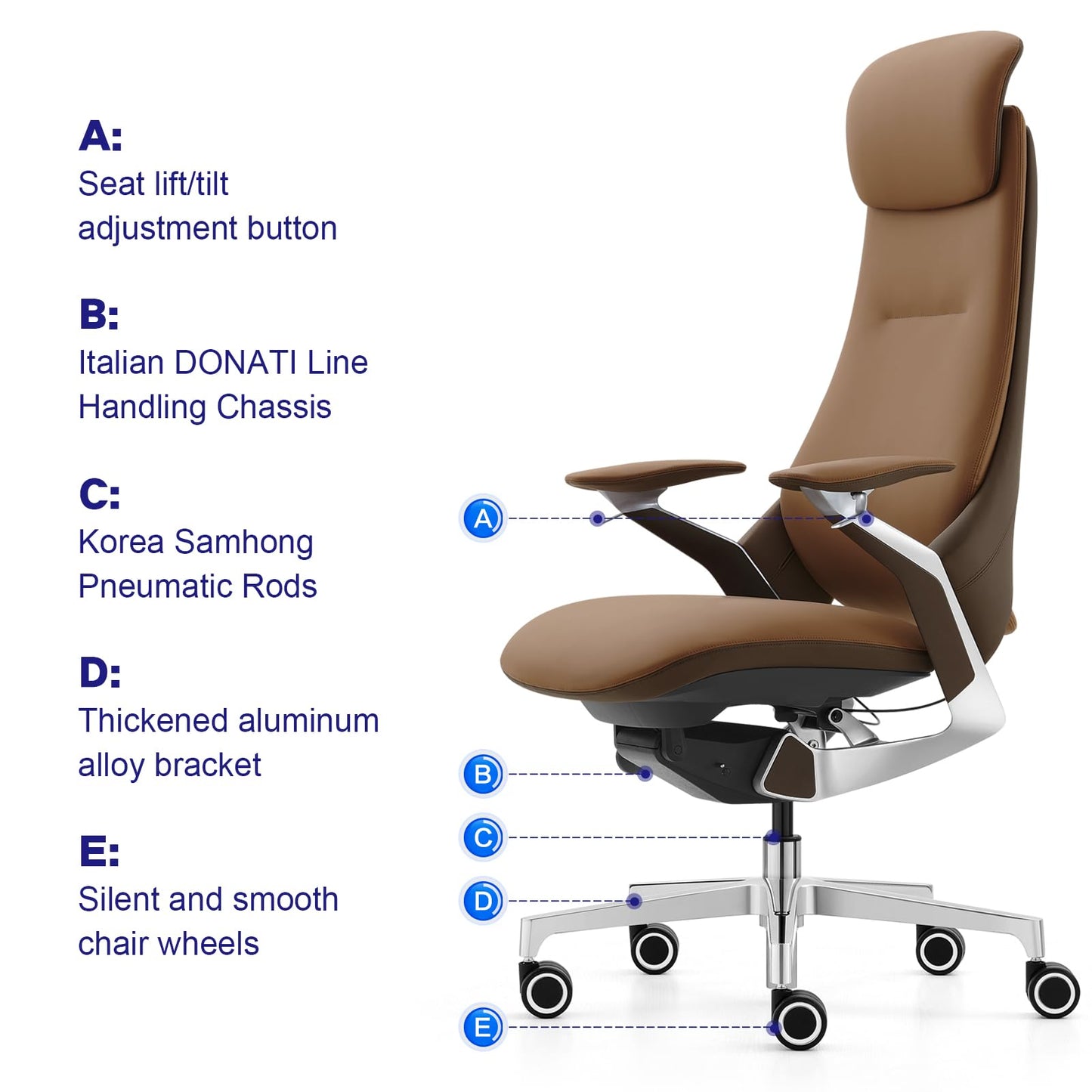Genuine Leather Executive Office Chair, Ergonomic Comfortable Computer Chair, Adjustable seat Height/headrest Height, with tilt Lock, high-Back Home Office Desk Chair. (Caramel Brown/Dark Brown)