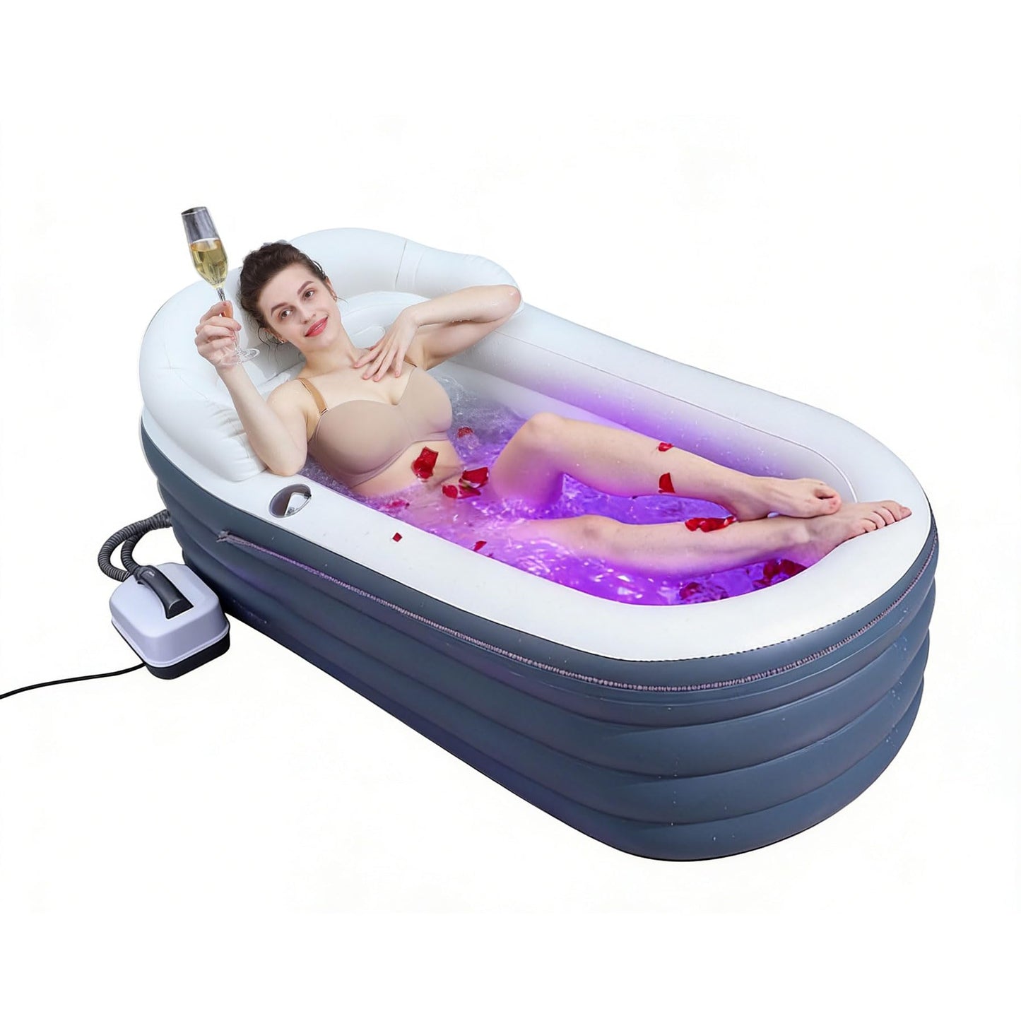 Inflatable Bathtub Bubble Massage Mat, Portable Adult Spa Bathtub, All-in-one Wavemaker and Air Pump, Adjustable Bubble Settings - Includes Remote Control, Inflatable Backrest and Atmosphere Lighting