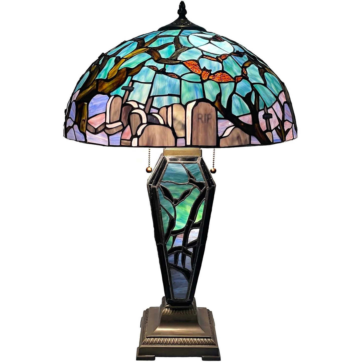 Bieye L13005 Tiffany-Style Stained Glass Table Lamp - Gothic Graveyard Night Scene with Bats, and Coffin-Shaped Base (Dark Green, 16Wx26H inch)