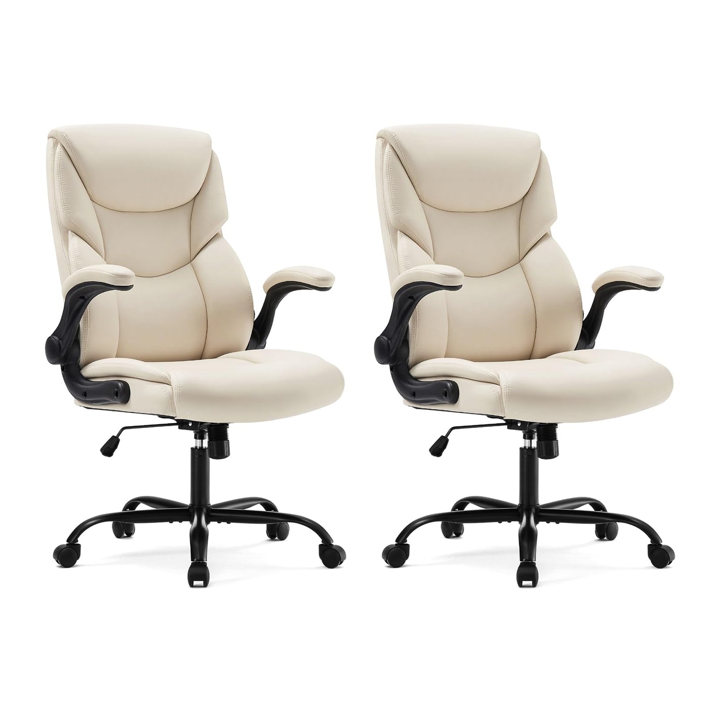 DUMOS Office Chair Set of 2 - Ergonomic Executive Computer Desk Chairs with Adjustable Flip-up Armrest, Swivel Task Chair with Lumbar Support, Strong Metal Base, PU Leather, Cream White