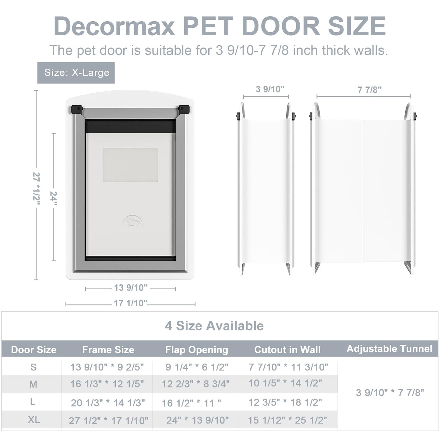 Decormax Dog Door for Wall, Steel Dog Door with Telescoping Tunnel, Weatherproof Pet Door with Two Sliding Lock Panels and Magnetic Flaps, Easy to Install, White, X-Large