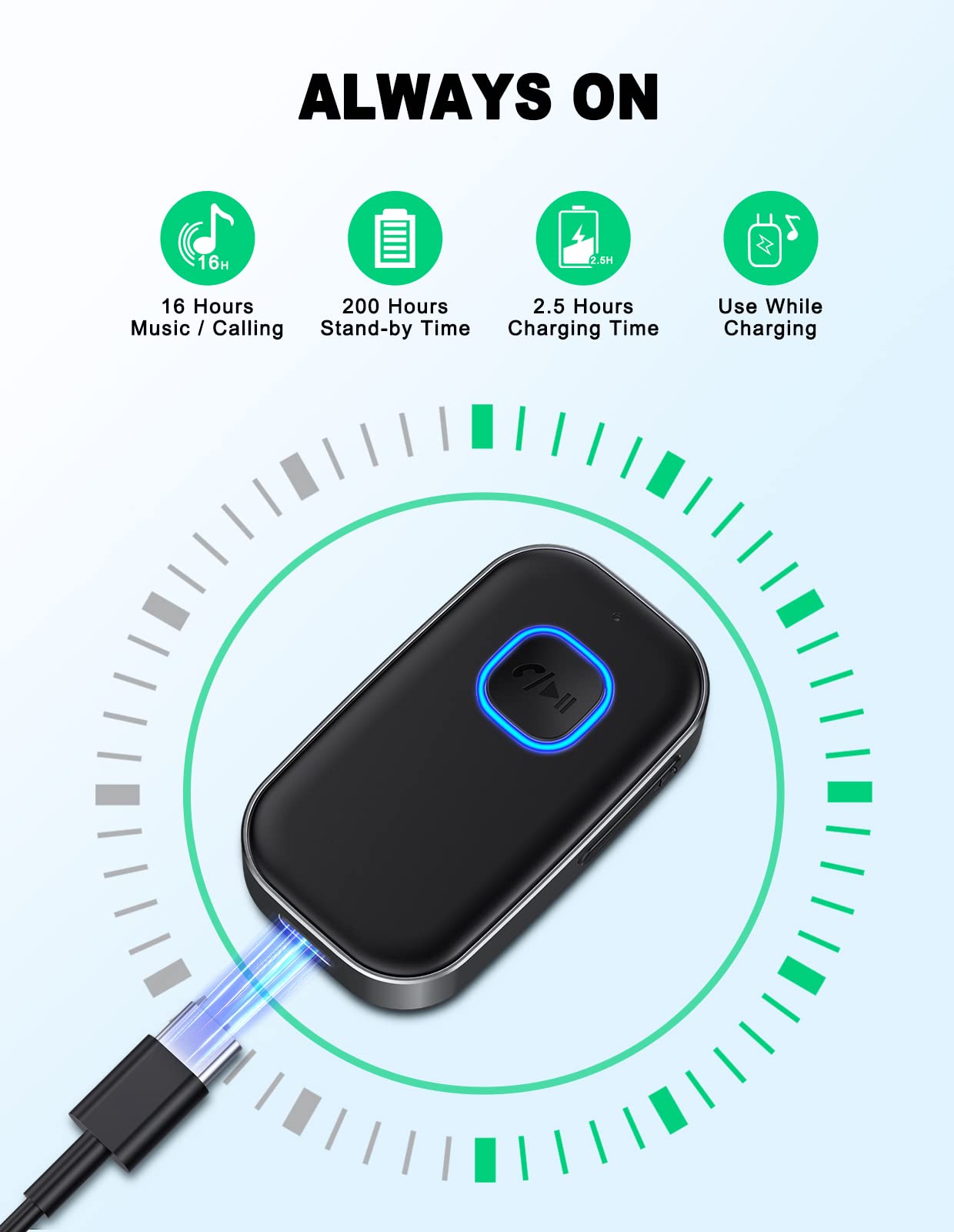 COMSOON Bluetooth AUX Adapter for Car, Noise Reduction Bluetooth Receiver for Music/Hands-Free Calls, Wireless Audio Receiver for Home Stereo/Speaker, 16H Battery Life/Dual Connect (All Black)
