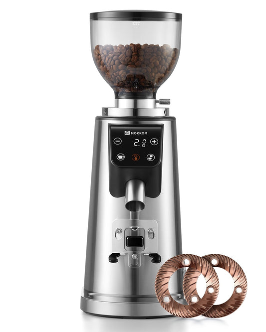 MOKKOM Professional 64mm Plated Flat Burr Coffee Grinder with 100 Grind Settings, All-Metal Stainless Steel Body, Coffee Bean Grinder with Adjustable Electronic Timer, Anti-Static, LED Display