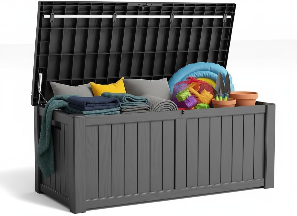 120 Gallon Resin Deck Box, Outdoor Storage Chest for Patio Furniture Cushions, Garden Tools, Pool Accessories | Lockable, Waterproof, All-Weather, Easy Assembly, Wood Grain Design