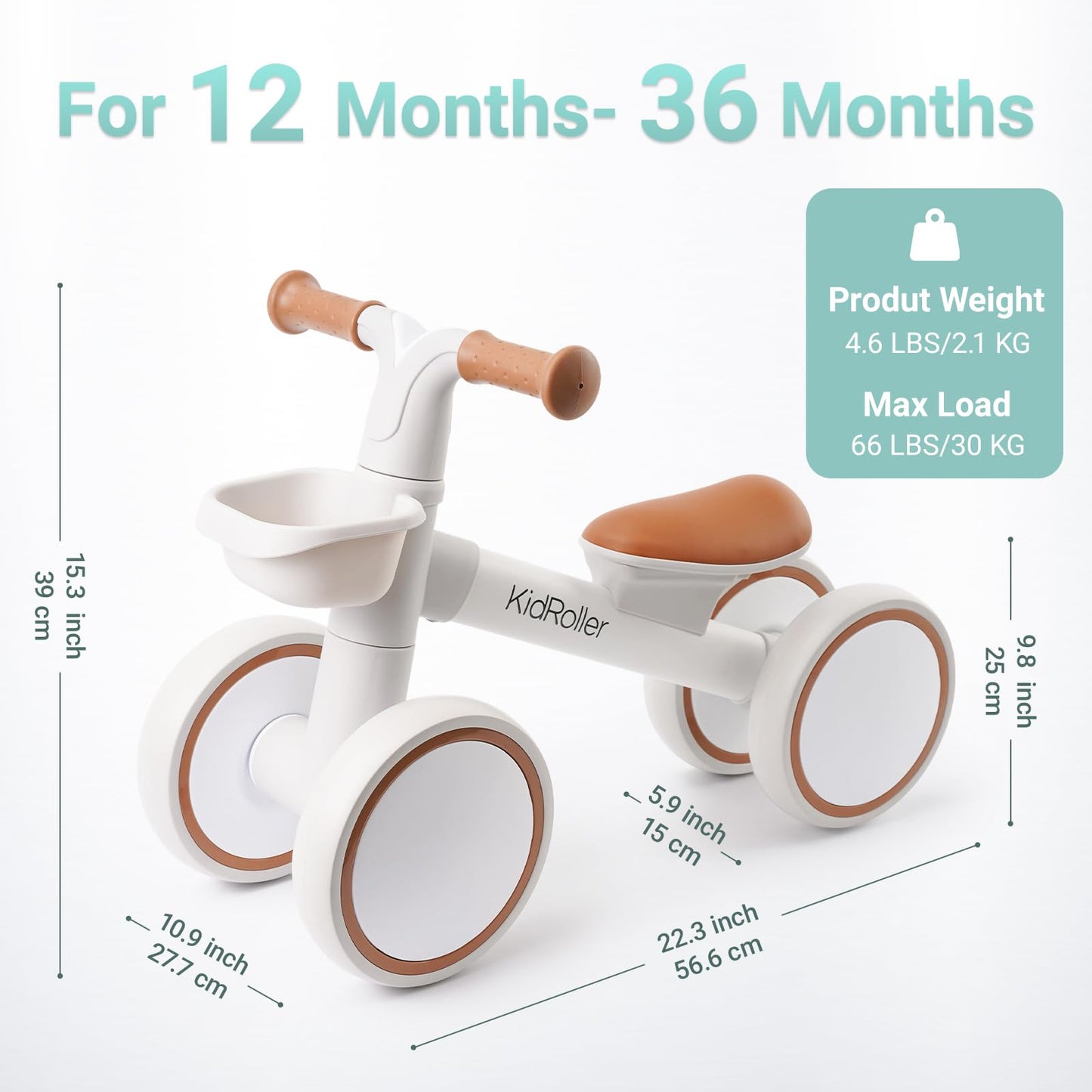 KidRoller Kid's Balance Bikes for 1 Year Old Boys and Girls, 12-24 Months Toddler Ride-on with Adjustable Seat and a Front Basket, First Birthday Gifts (White)