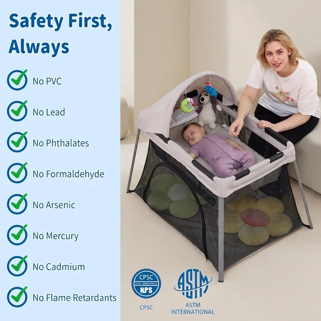 Portable Travel Crib for Baby & Toddler, Gentle Monster Lightweight 2 in 1 Baby Travel Pack and Play Bassinet with Mattress and Sunshade, Foldable Travel Crib Mini Playpen Playard for Indoor Outdoor