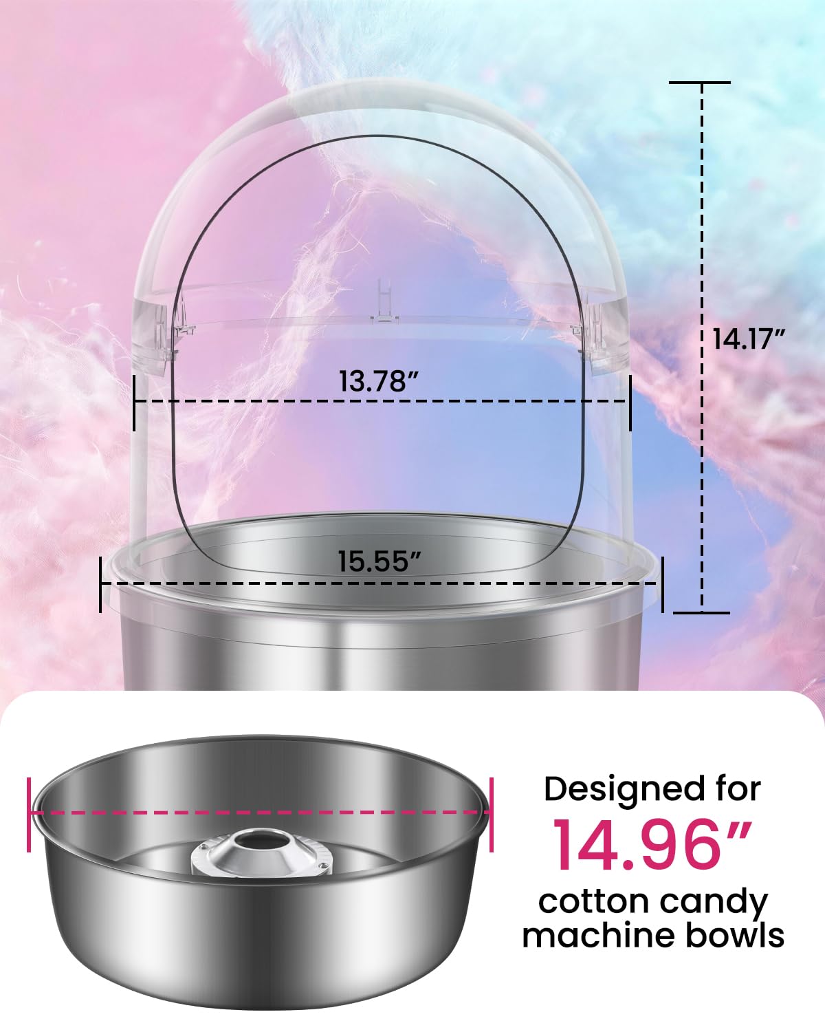 1000W Professional Cotton Candy Machine Kit with Stainless Steel Bowl, Cover, Sugar Scoop & 15" Transparent Acrylic Dome - for Kids Birthday, Family Party, Festival