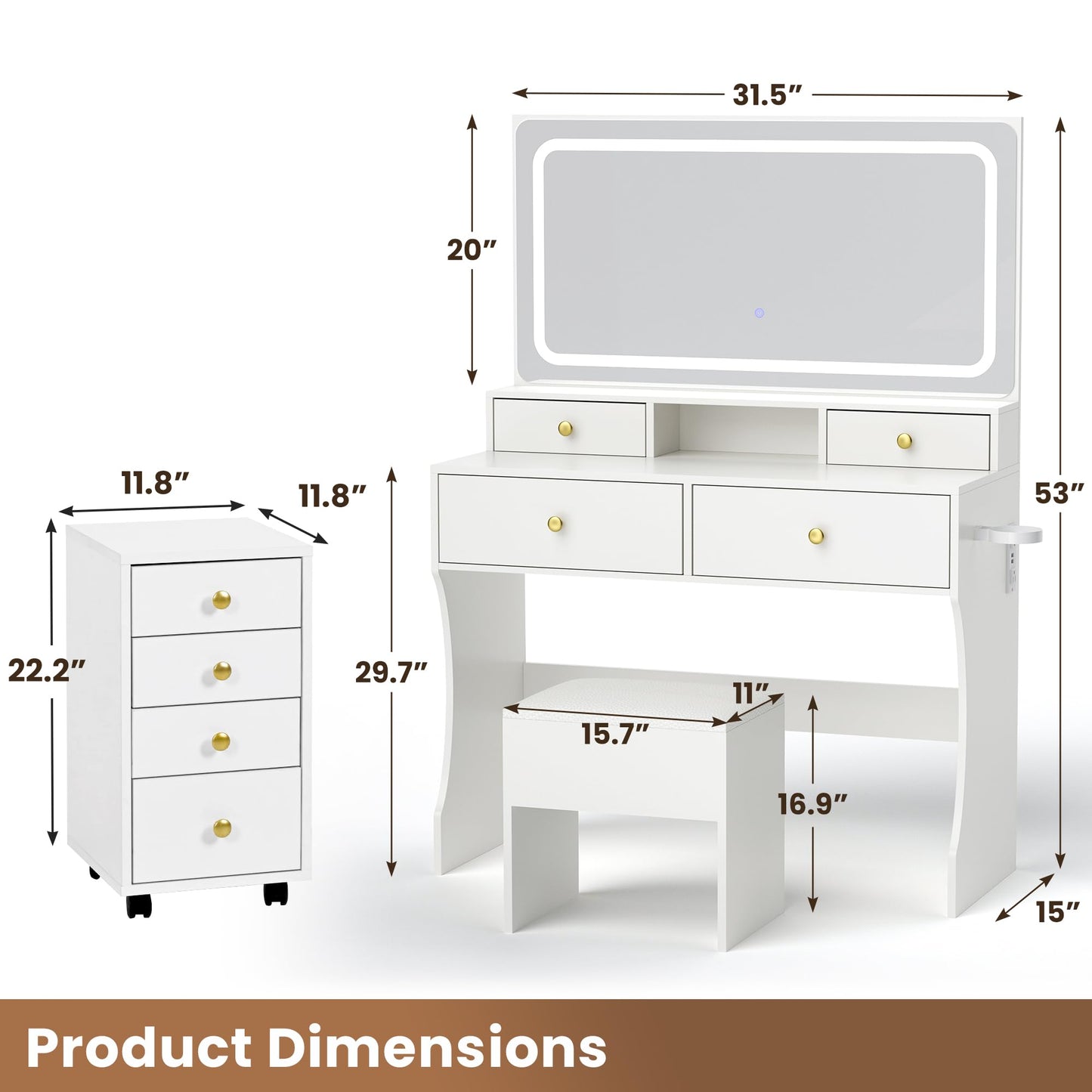 Pamapic Vanity Desk with File Cabinet, 8 Drawers Makeup Vanity with Mirror and Lights,3 Lighting Modes Dressing Table with Chair, Power Outlet, Silent Slides, White