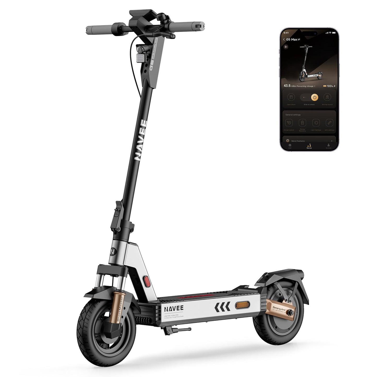 NAVEE G5 Pro Electric Scooter for Adults, Folding E Scooter with 800W Motor 20 mph Top Speed, Max 34 Miles Long Range, 10'' Solid Tires Commuting Scooters with Dual Brakes Suspension System, APP