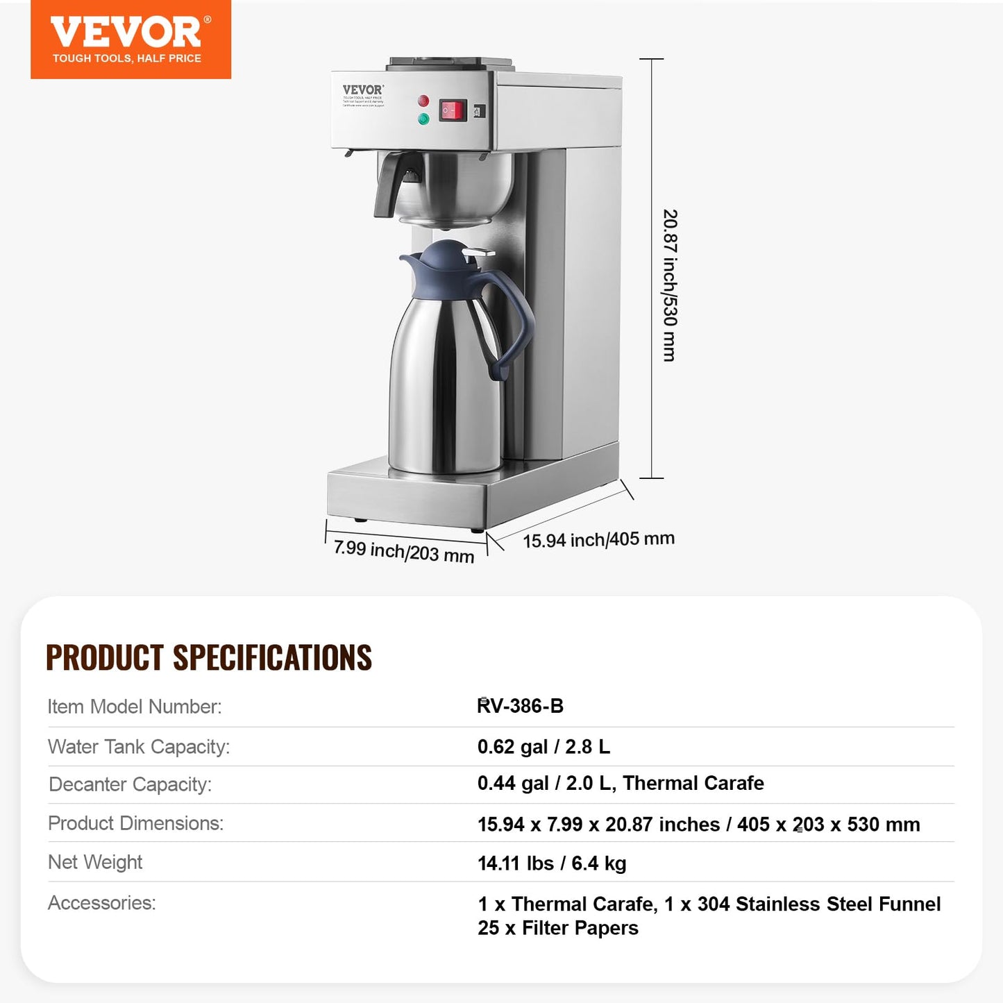 VEVOR 12 Cups Commercial Drip Coffee Maker, Coffee Maker Machine with Thermal Carafe to Keep Warm or Cold, Stainless Steel Pour Over Coffee Brewer for Restaurant, Office, Cafe