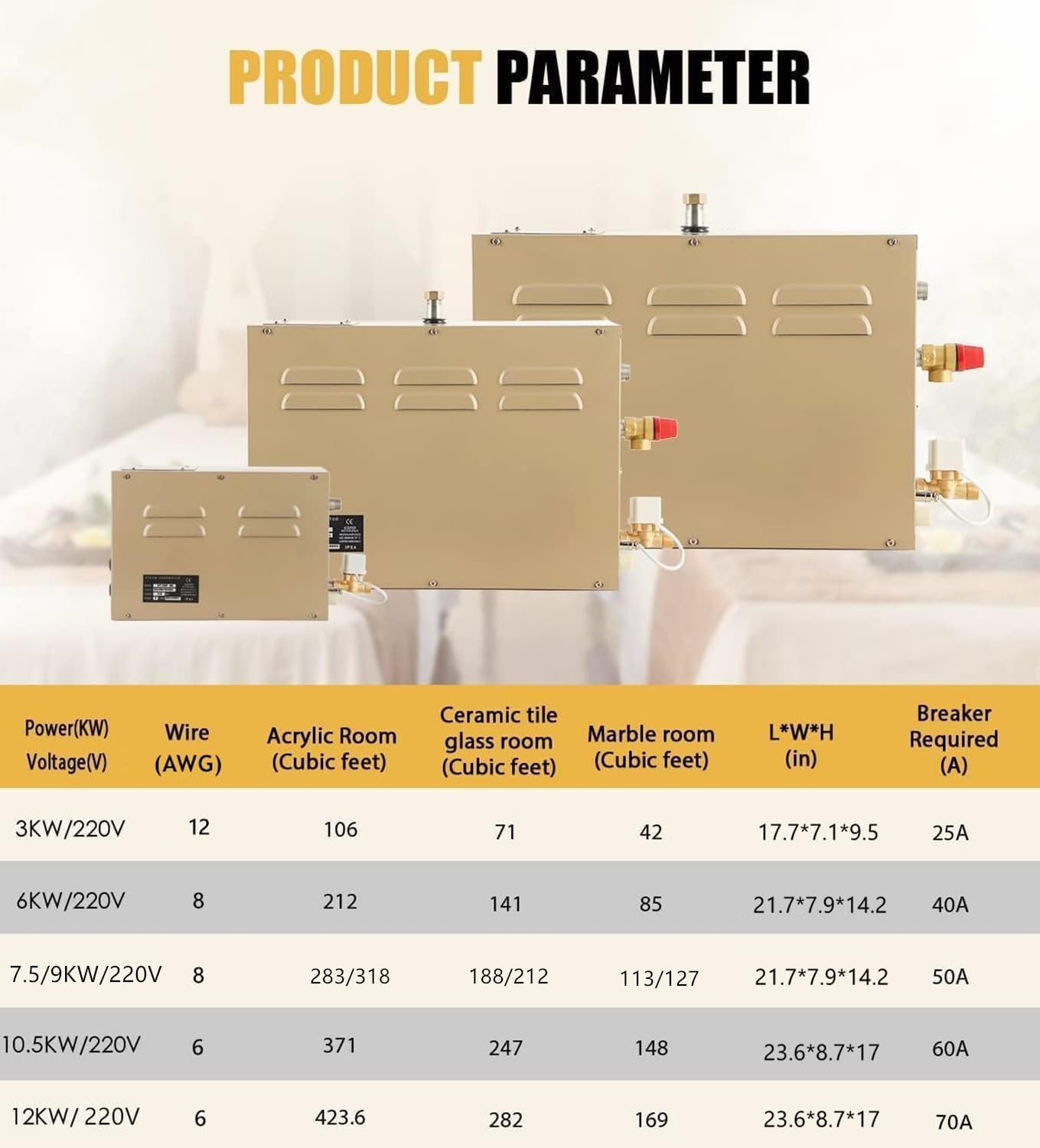 CGOLDENWALL 7.5KW Commercial Self-Draining Steam Generator Shower System Home Steam Bath Spa Generator 30 min to 12 Hours Auto Drain 95-131℉ for Suitable Space Heating 8 m³/283Cubic feet (7.5KW)