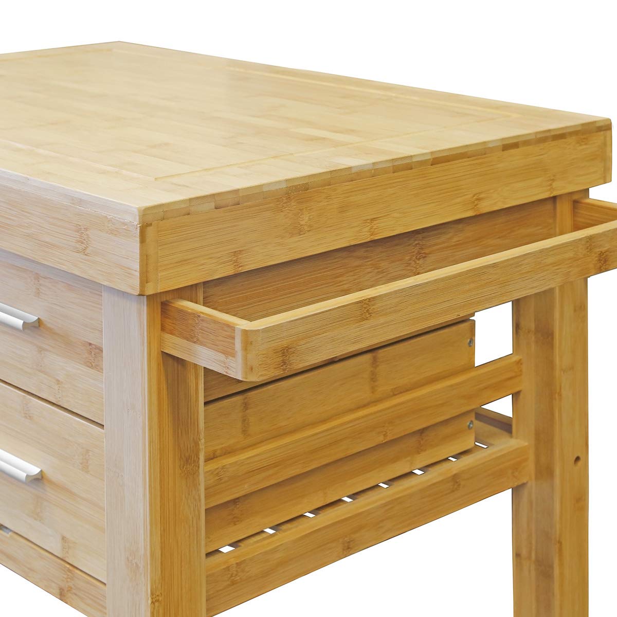 Home Aesthetics Rolling Kitchen Island Cart with Drawers Shelves, Towel Rack, Locking Casters, Butcher Block Food Prepping Cart Trolley on Wheels, Bamboo Wood