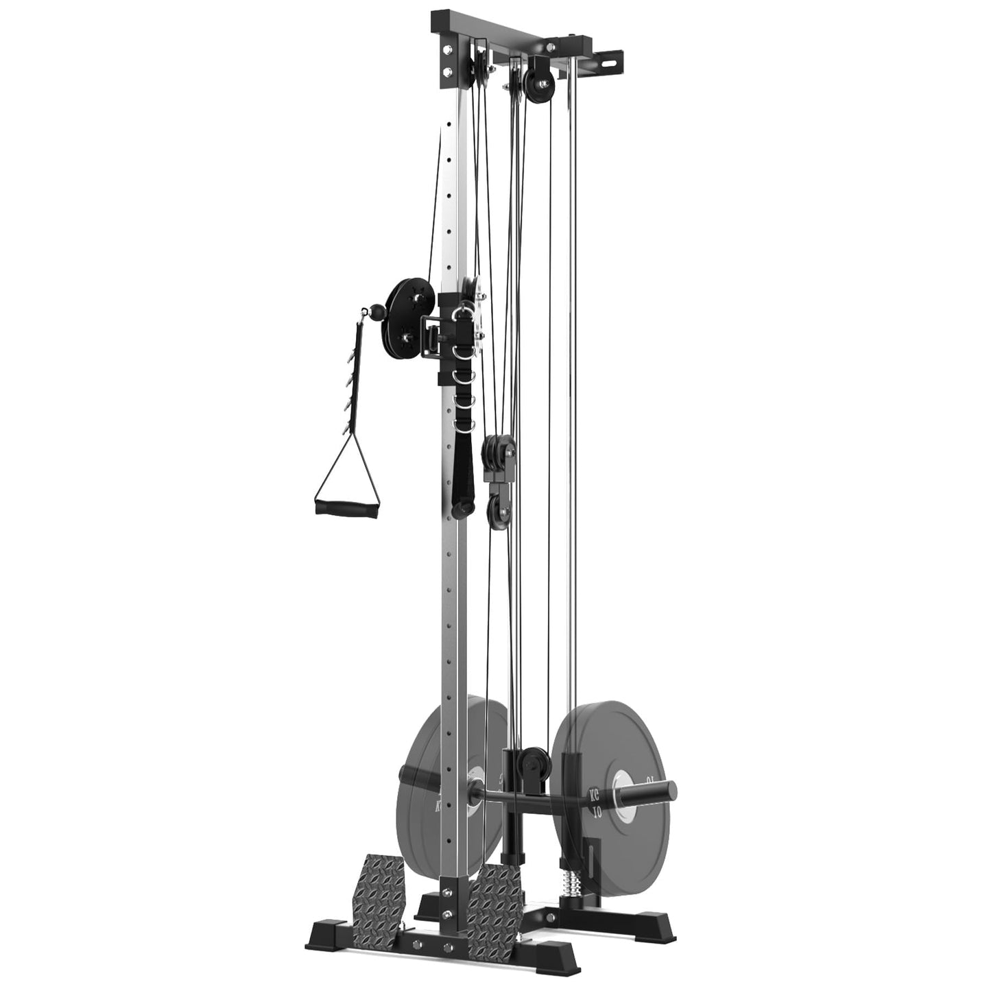 Wall Mount Cable Machine - Dual Pulley Cable Crossover System with 20 Adjustable Positions for LAT Pulldown, Row & Total Body Training | Includes LAT Bar, Tricep Rope, t-Bar & Foot Board for Home Gym