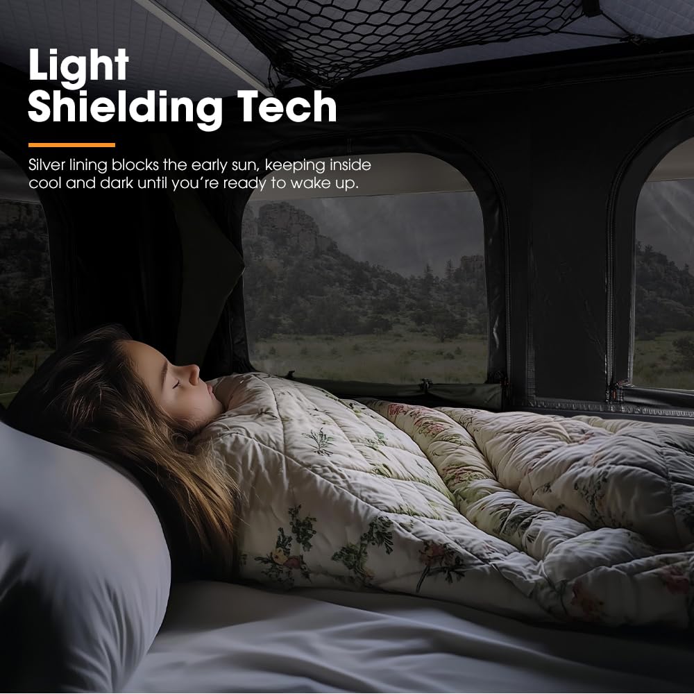 SanHima Rooftop Tent Hard Shell - Gibb Overland Aluminium Roof Top Tent 360° View, w/Tri-Color LED Strip Light & 1.97” Thick Mattress, for Car SUV Truck Camping, 2-3 People
