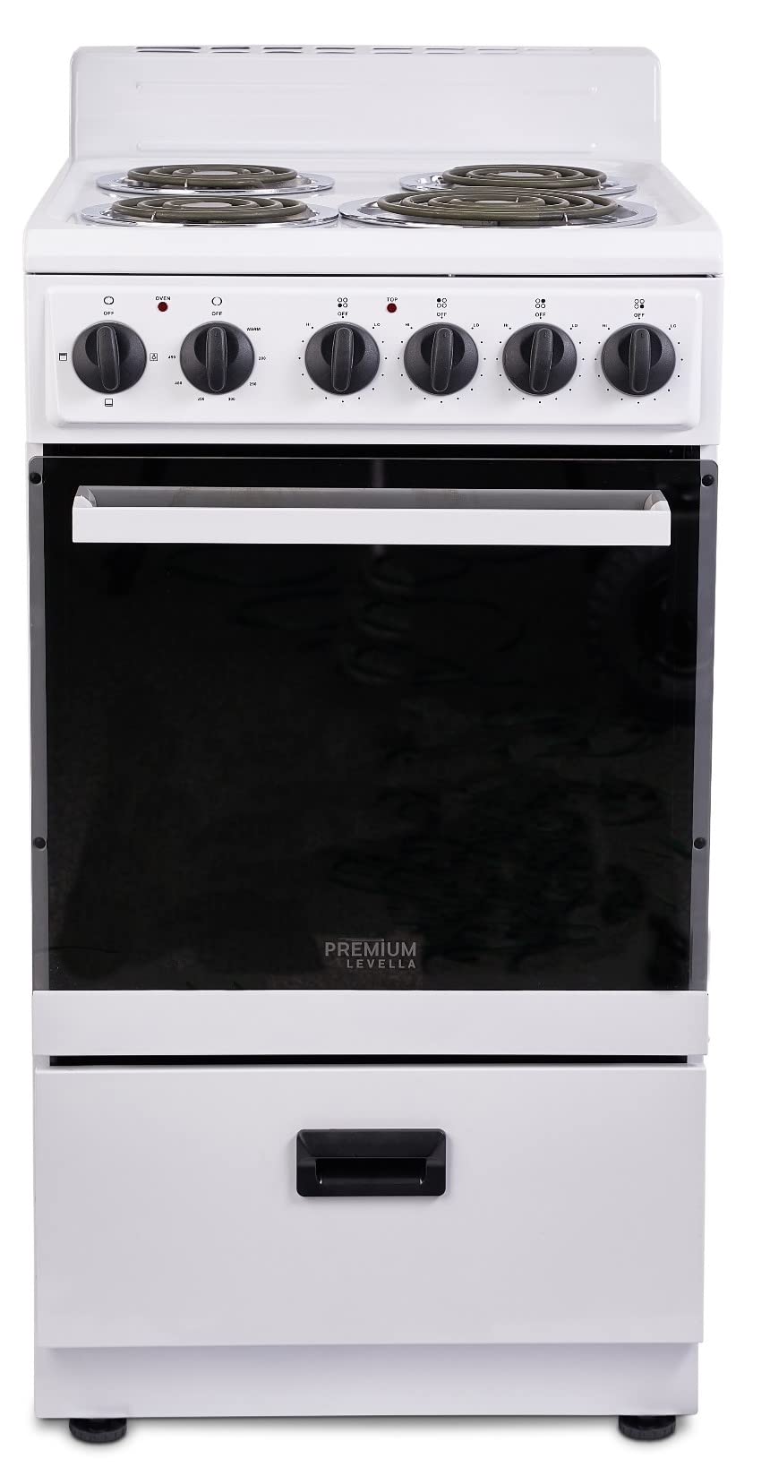 Premium Levella PRE2025GW 20 in Freestanding Electric Range with 4 Coil Burners and 2.2 Cu. Ft. Single Oven Capacity with Lower Storage Drawer in White