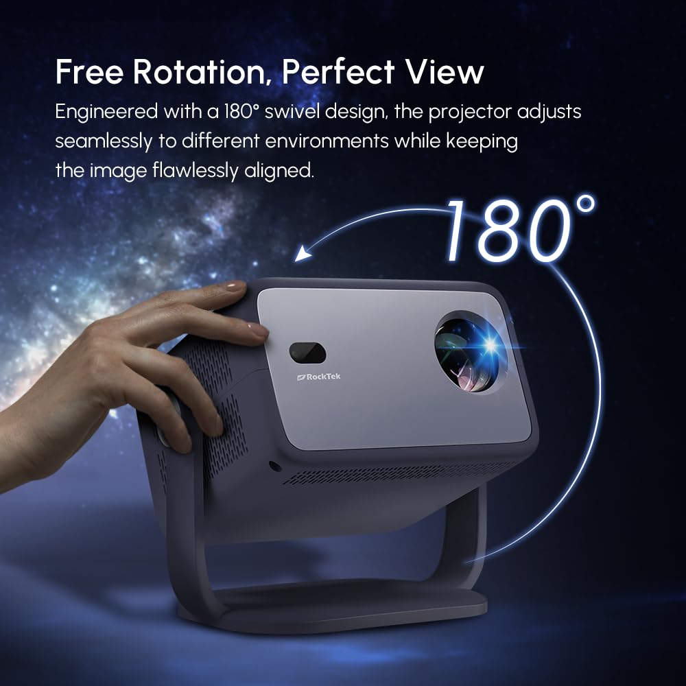 RockTek PJ400 Official Licensed Google TV Dongle Box Smart Projector 4K Supported, Native 1080P, Netflix Disney+, Mini Portable Home Theater Projector with WiFi 6 Bluetooth, Auto Focus/Keystone, HDMI