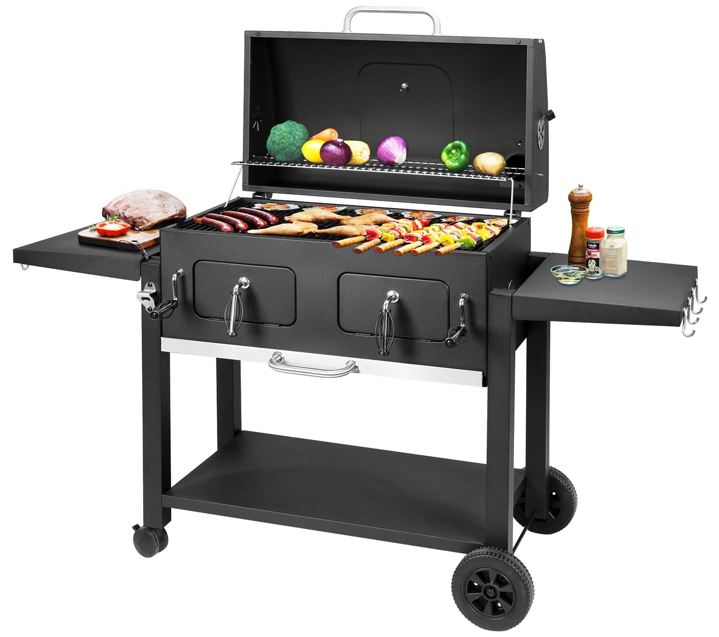 Kenadne Charcoal Grill Outdoor BBQ Grill, Extra Large Cooking Area 794 Square Inches with Two Individual & Adjustable Charcoal Tray, Foldable Side Tables for Outdoor Cooking grill Backyard