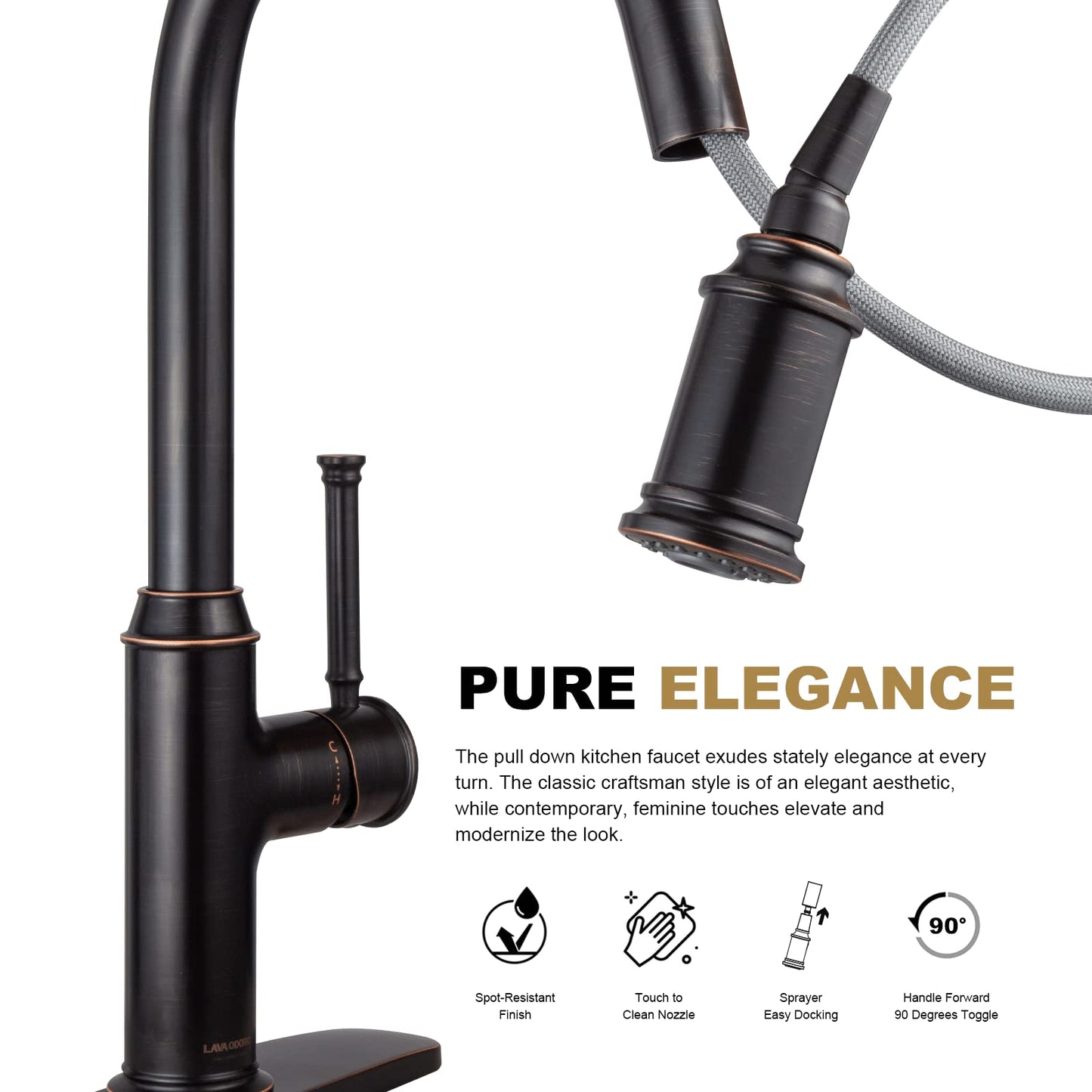 Lava Odoro Oil Rubbed Bronze Kitchen Faucet with Pull Down Sprayer, Single Handle Kitchen Sink Faucet Bronze Faucet for Kitchen Sink 1 Hole and 3 Hole, Deck Plate Included, KF421-ORB