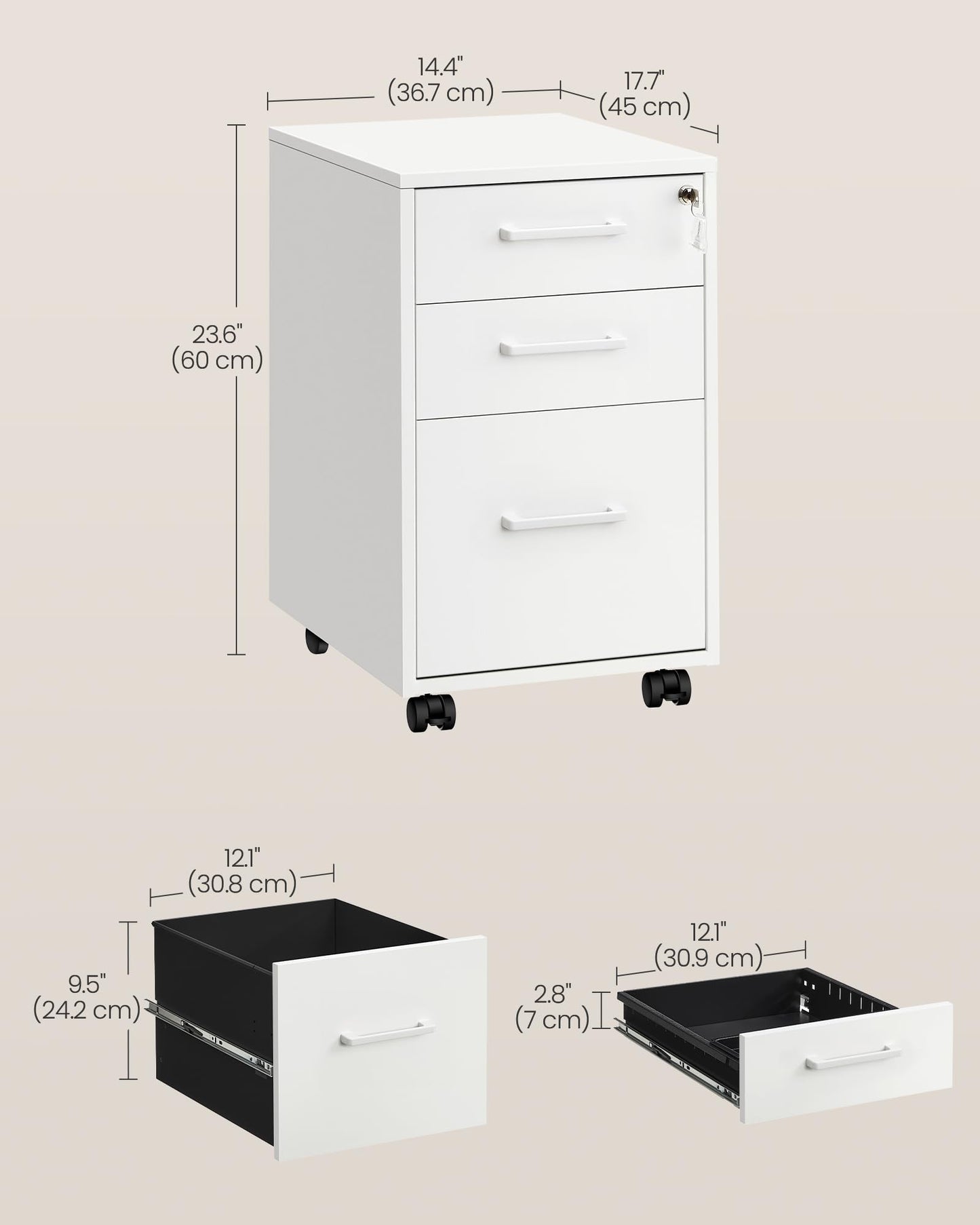 SONGMICS File Cabinet, Pre-Assembled Except Wheels and Handles, Office Filing Cabinet with Lock, for A4, Legal, Letter Sized Documents, 17.7 x 14.4 x 23.6 Inches, Matte White UOFC110W02