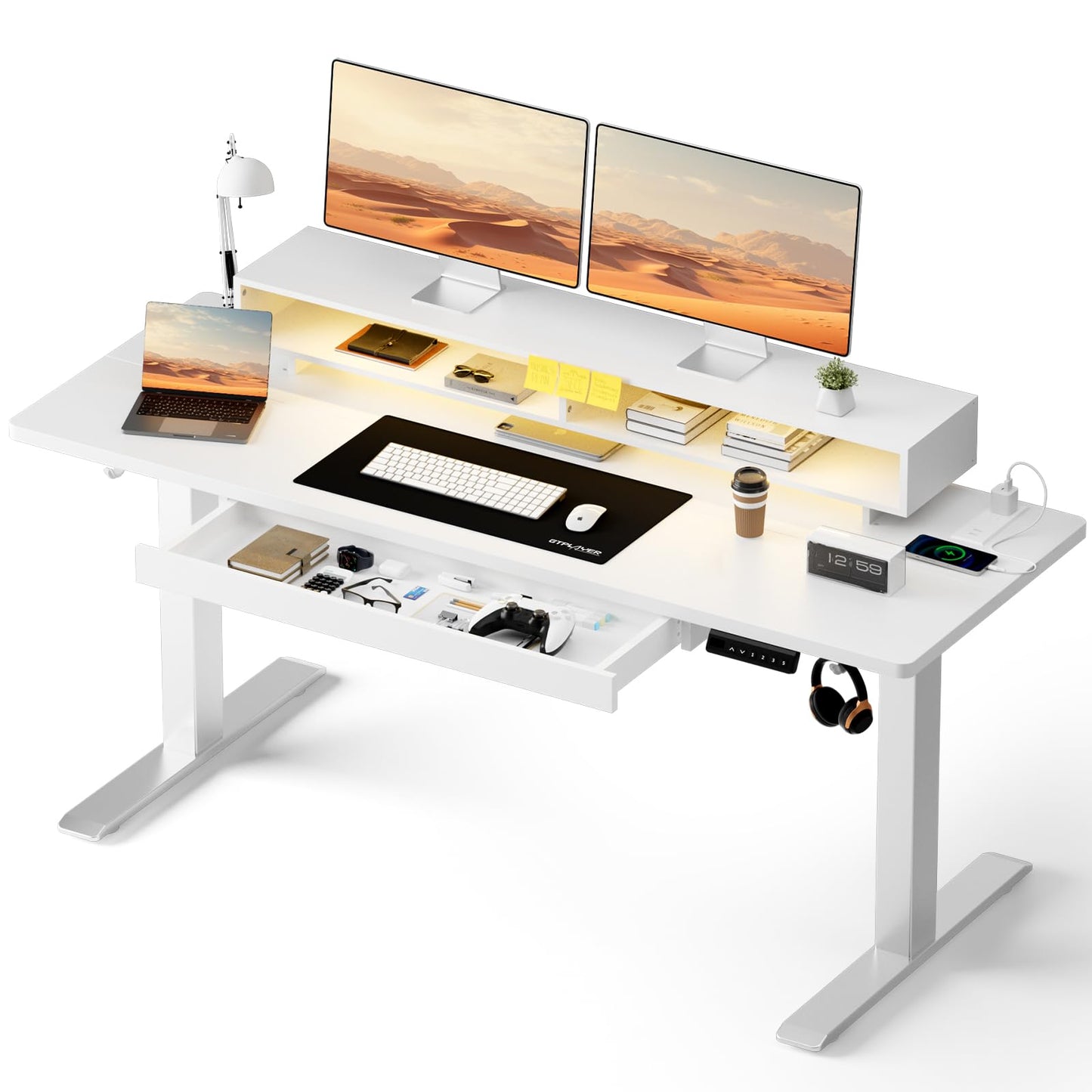 GTPLAYER Electric Standing Desk with Drawers, 55 x 24 Inch Height Adjustable Gaming Desk with Monitor Stand, Power Outlets & LED Lights, Home Office Sit Stand Up Desk with Memory Preset (White)