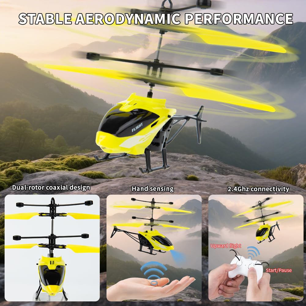 Remote Control Helicopter, Gesture Sensing Indoor Flying Helicopter Toys,RC Airplane for Teenages with 10Mins Flight, RC Helicopters for Kids with Light,Birthday Gifts for Boys and Girls (Yellow)