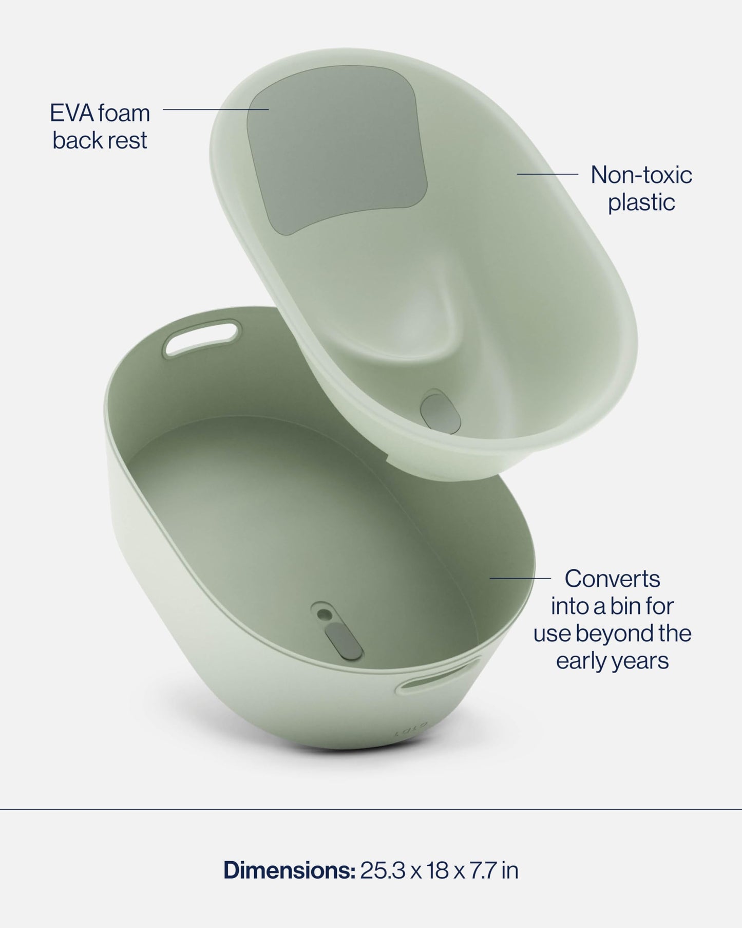 Lalo Bathtime Starter Kit - 3-Piece Set Includes Modern Baby Bathtub, Rinse Cup & Spout Cover - Safe, Easy to Clean Design for Newborns - 25.3 x 18 x 7.7 in, 10 lb - Sage