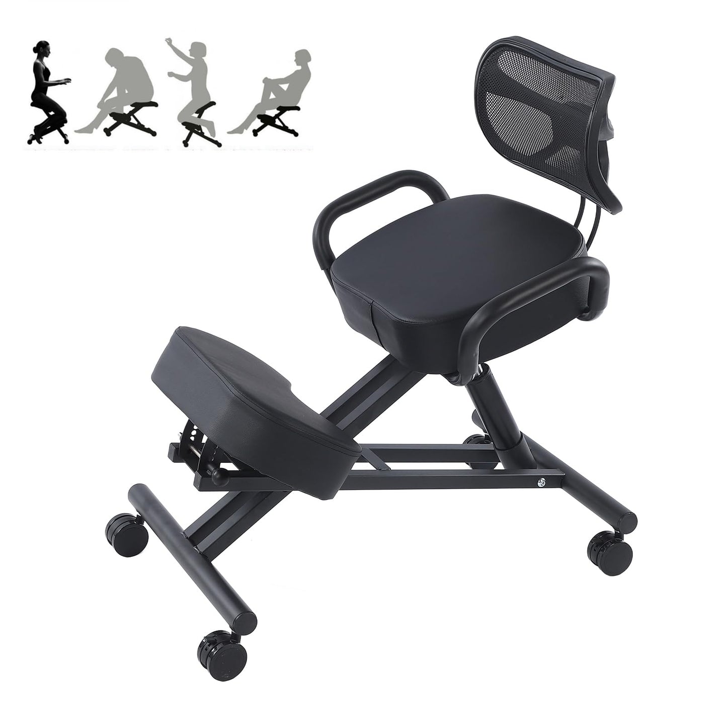 Ergonomic Kneeling Chair, Adjustable Posture Corrector Stool with Mesh Back Support and Thick Cushions for Home Office Desk, Black