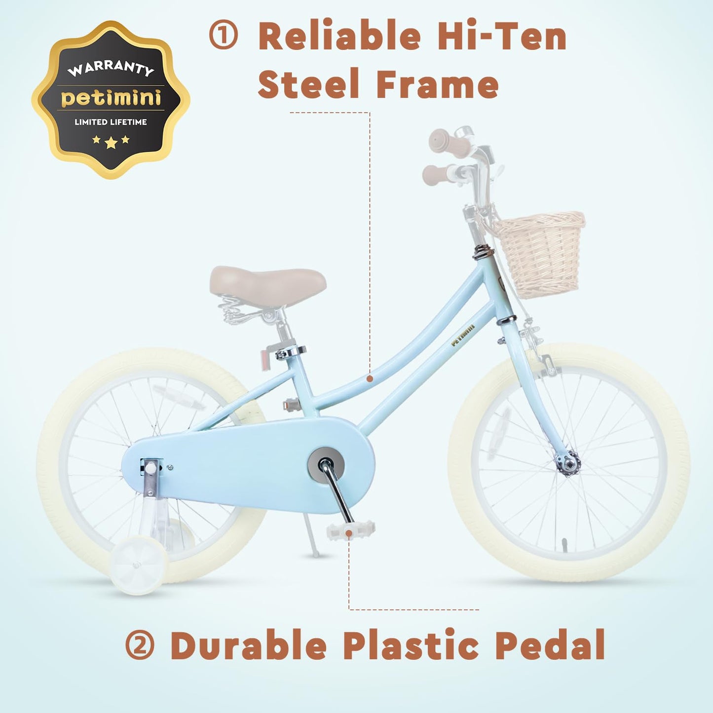 Petimini 18 Inch Little Kids Bike for Age 5 6 7 8 Years Old Girls Retro Vintage Style Bicycles with Basket Training Wheels and Bell, Blue