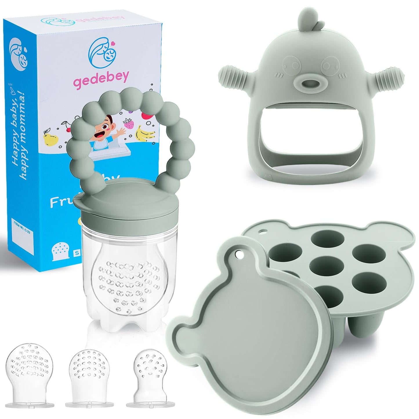 Gedebey 3-in-1 Baby Food & Fruit Feeder Set – Breastmilk Popsicle Mold with Freezer Tray, Teething Relief Toy, BPA Free Infant Silicone Feeding Combo, 3 Bonus Sizes (S/M/L) Sacs (Pea Green)
