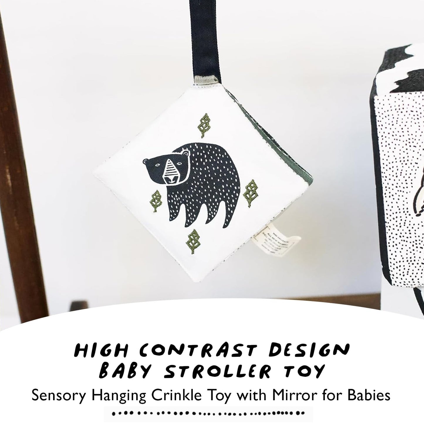 Wee Gallery Woodland Animals Crinkle Pages Stroller Toy, Sensory Hanging Crinkle Toy with Mirror for Babies, High Contrast Animal Art and Montessori Baby Item for Car Seat and Play Gym