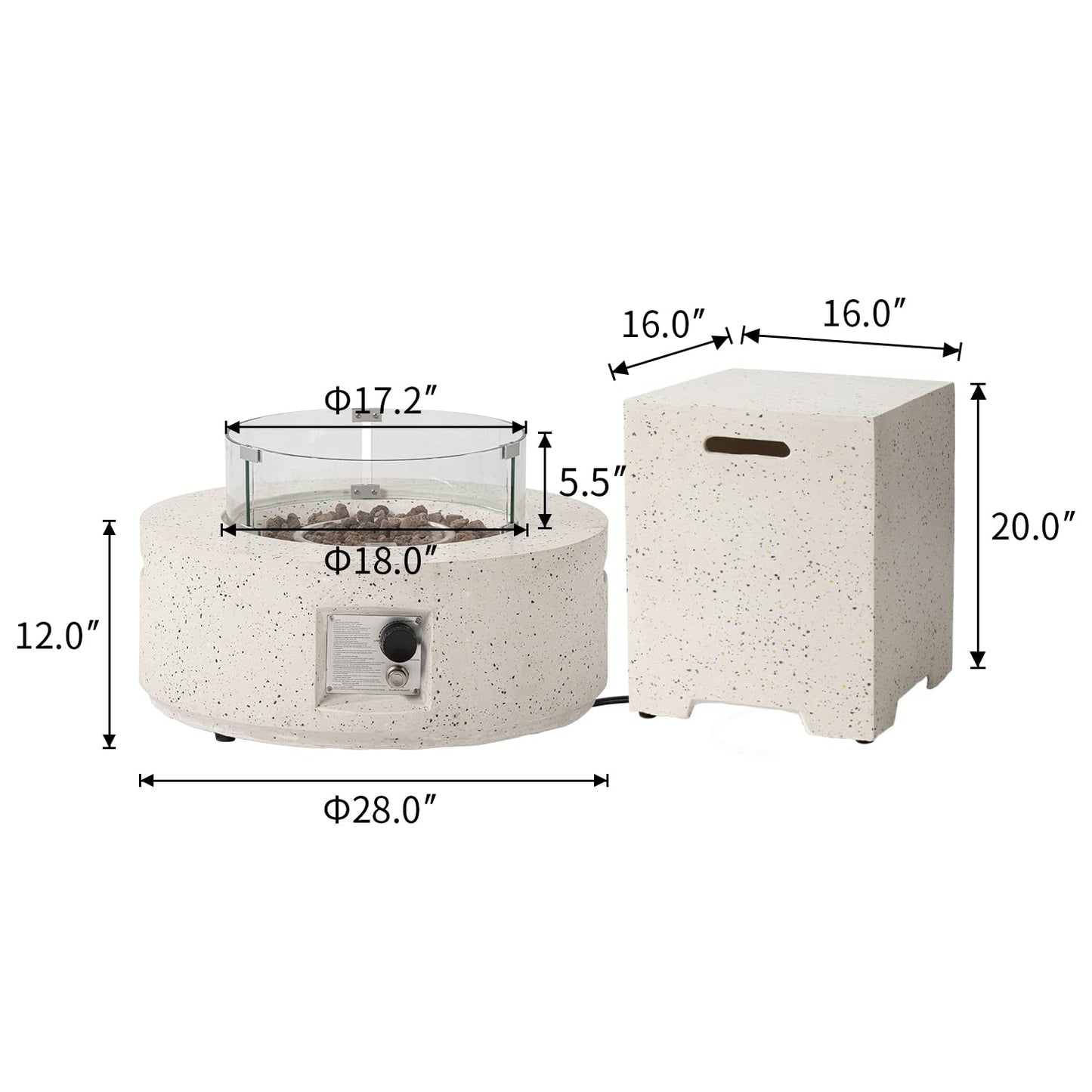 COSIEST 2-Piece Outdoor Propane Fire Pit Table Set w Tank Table, 28" Terrazzo Round Fire Table (Certified, 40,000 BTU) w 16" Tank Cover Side Table 20lb, Wind Guard, Rain Cover for Garden, Pool