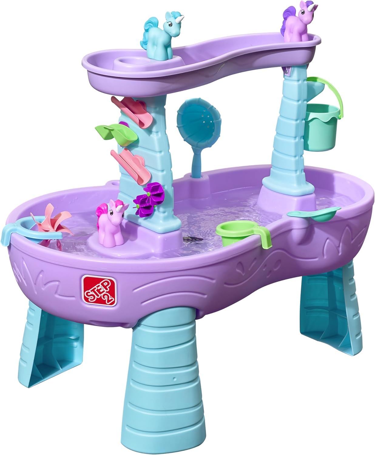 Step2 Rain Showers and Unicorns Water Table, Kids Water and Sand Activity Sensory Playset, Summer Outdoor Toys, 13 Piece Water Toy Accessories, for Toddlers 1.5+ Years Old, Blue & Purple