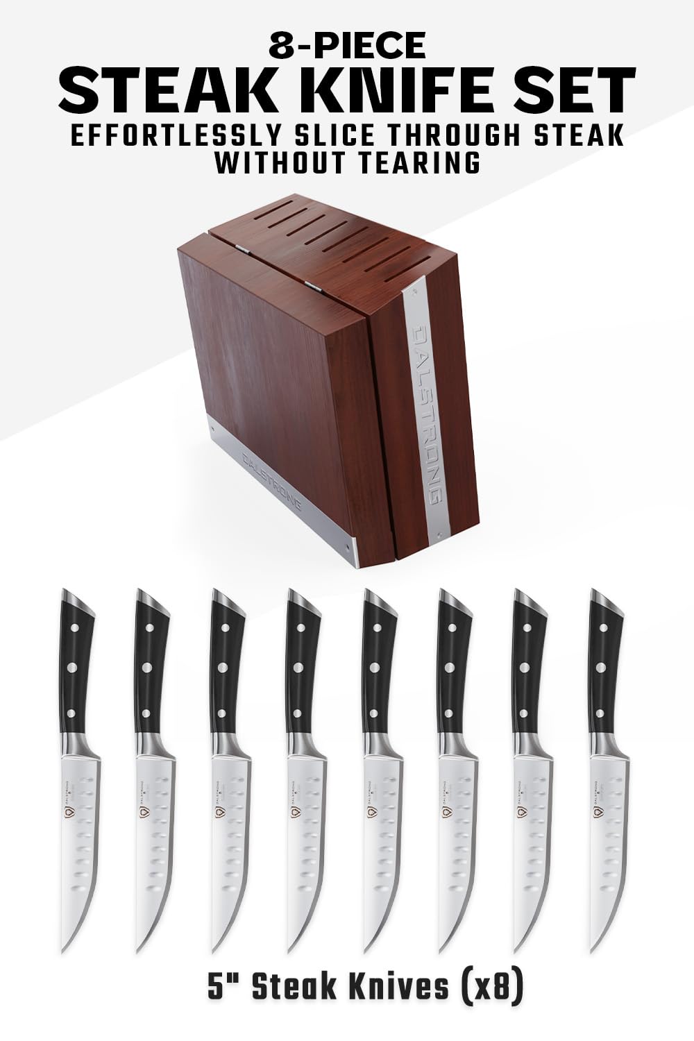 Dalstrong Steak Knife Set - 8 Piece - 5 inch Straight Edge Blade - Gladiator Series Elite - Forged High-Carbon German Steel Dinner Kitchen Knife - Black G10 Handle - Folding Block Set - NSF Certified