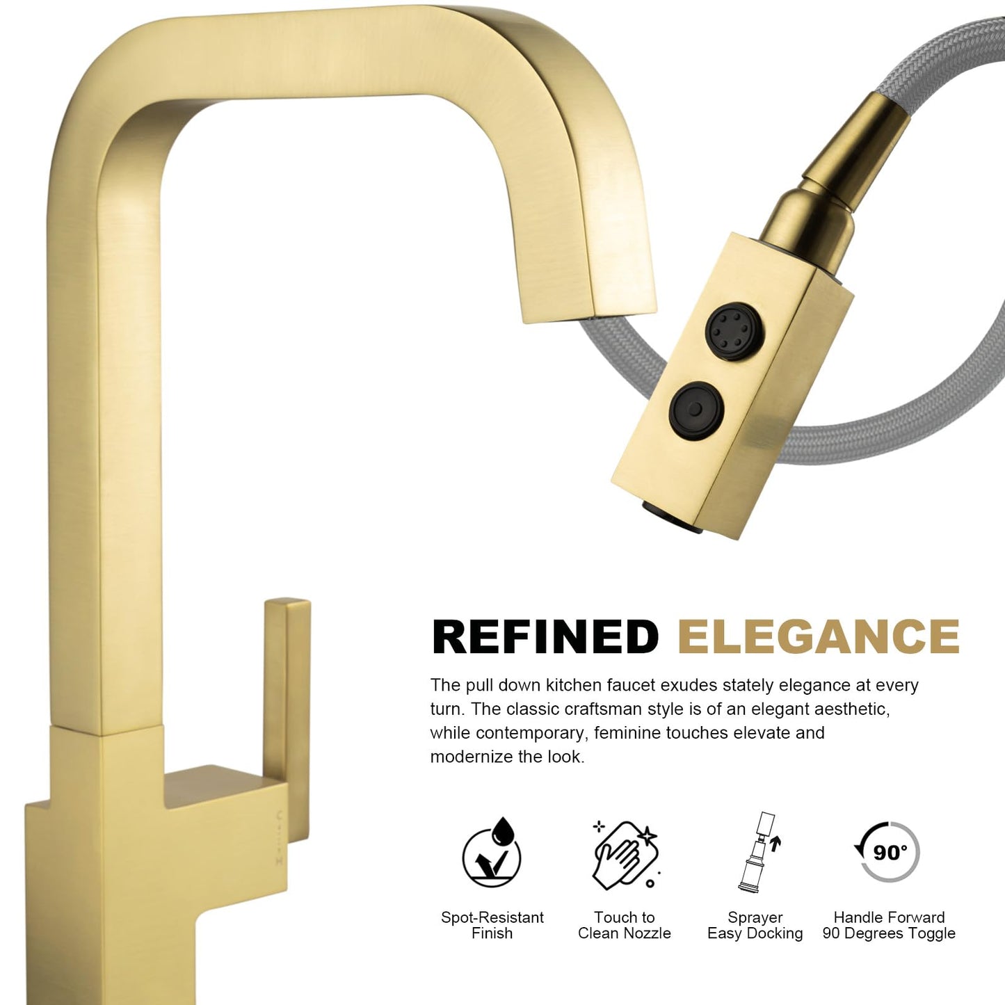 Brushed Gold Kitchen Faucet with Pull Down Sprayer, Lava Odoro Gold Single Handle Kitchen Sink Faucet, Gold Faucet for Kitchen Sink with Magnetic Docking Spray Head, Deck Plate, KF182-SG