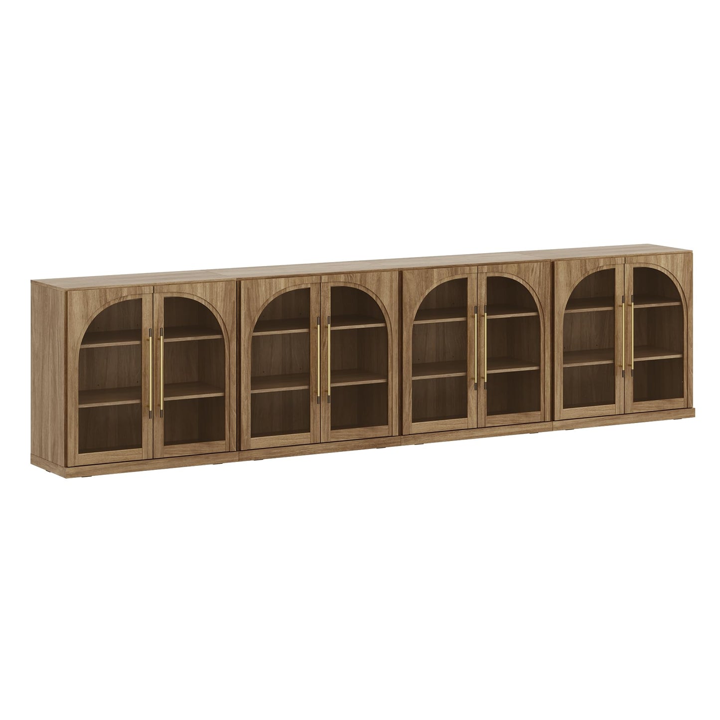 BELLEZE Set of 4 Modular Sideboard with Arched Glass Door, 130'' Accent Display Buffet Cabinet with Storage and Adjustable Shelves,Classic Modern Credenza for Dining Room Living Room Entryway (Camel)