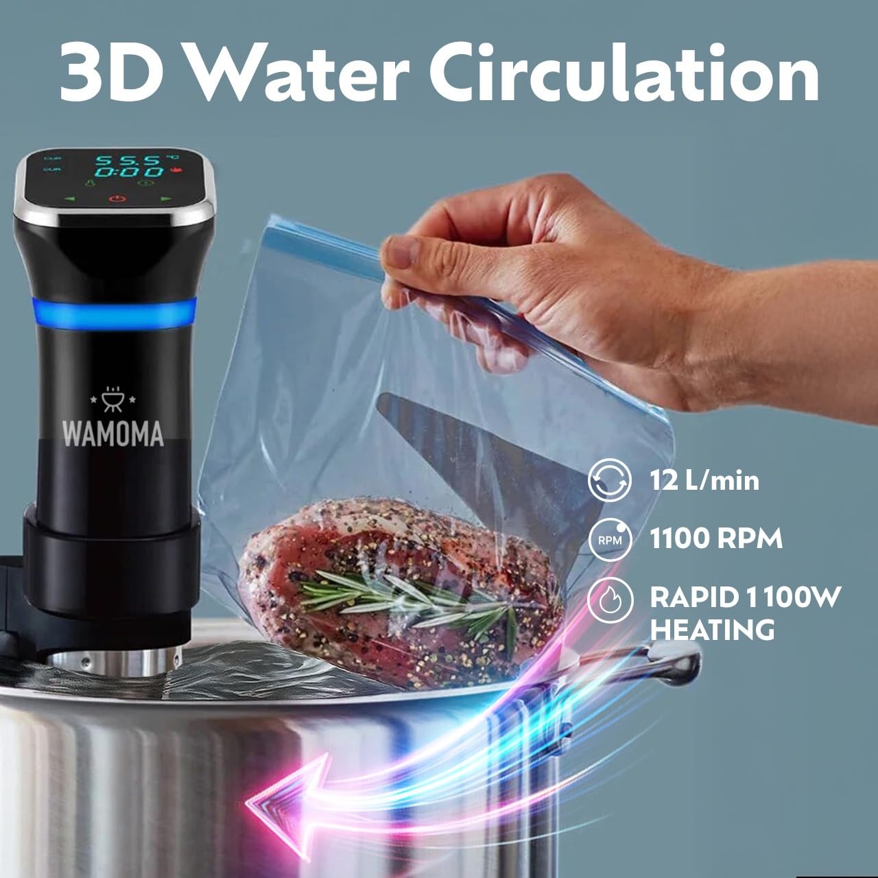 Wamoma Sous Vide Precision Cooker & 12 Quart Water Container with Free Cookbook, 1100W Ultra-Quiet Motor, IPX7 Waterproof, Smart Chip Technology, Perfectly Cooked Meals