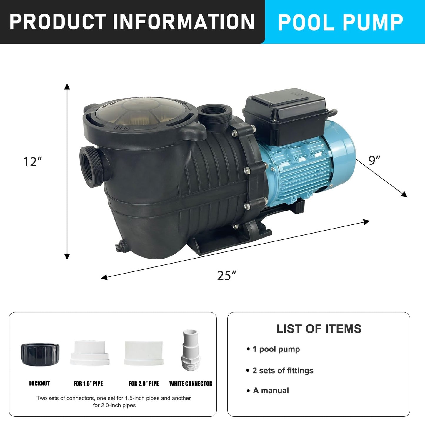 1.5 HP Variable Speed Pool Pump VS Multiple Speed Programmable Pump 230Vac 5880GPH Intelligent In/Above ground pool pump Compatible with 1.5"/2.0" Pipes & 1.25/1.5" Hoses