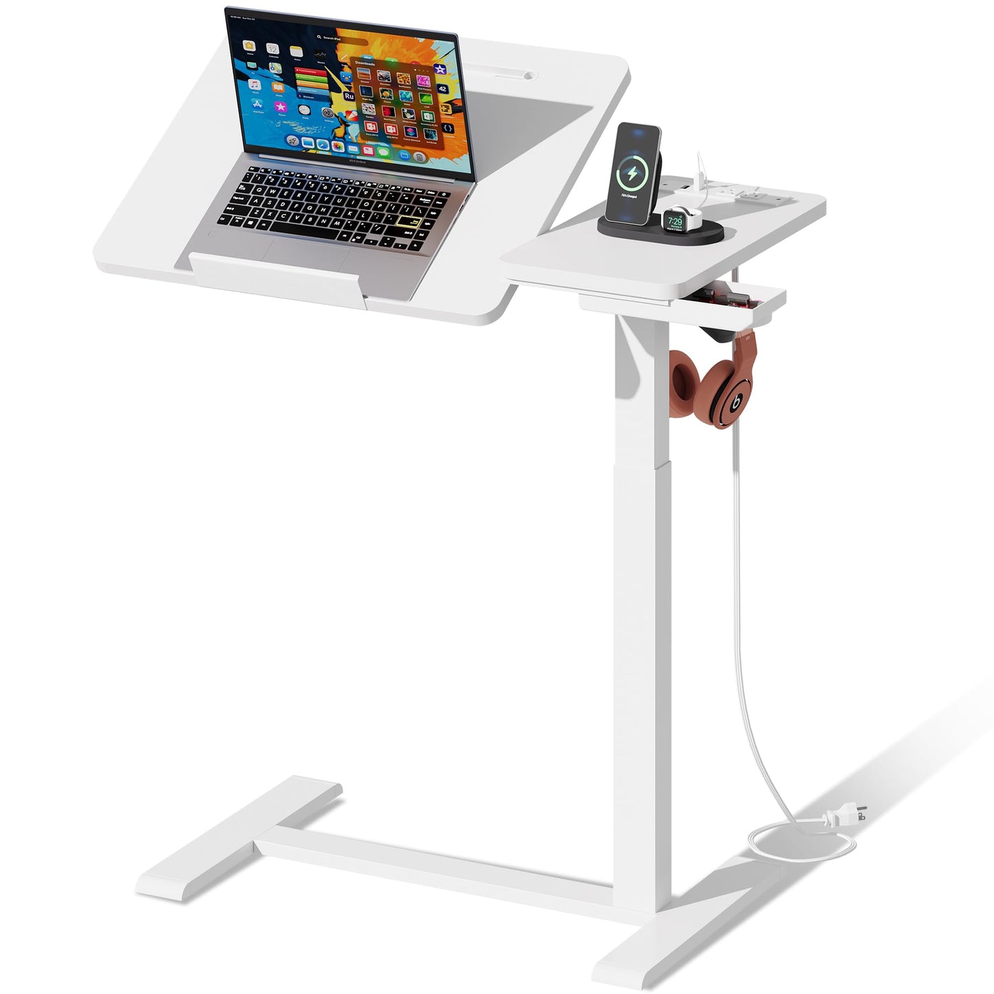 EKNKOZY Standing Desk, Medical Overbed Table with Rolling Tray and Power Outlet, Dual Pneumatic Angle and Height Adjustable Desk, Portable Side Table with Drawer, Home & Hospital Use, White