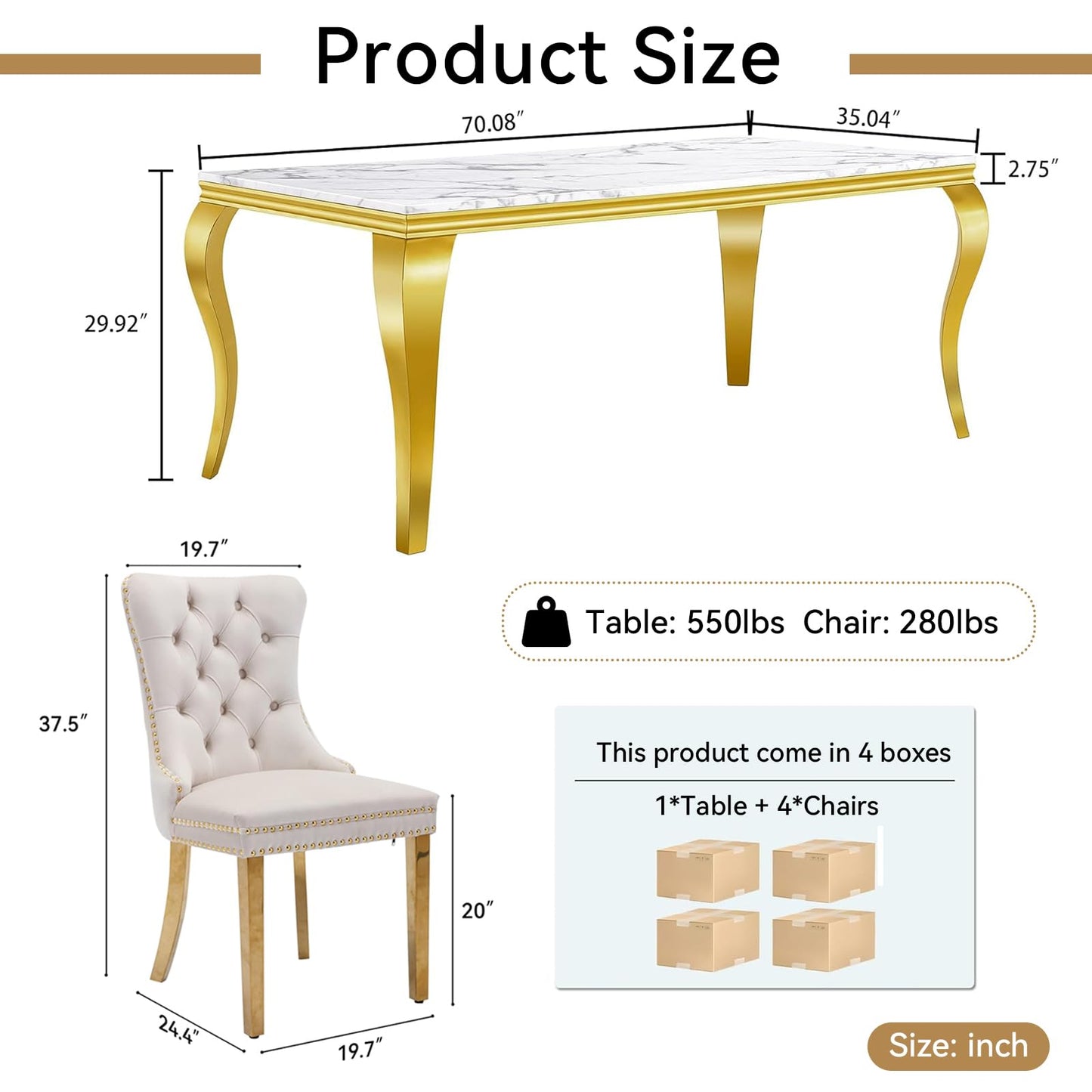 70" Faux Marble Dining Table Set for 6, Modern Marble Dining Room Table with 6 Beige Velvet Dining Chairs Set, Luxurious Kitchen Table with Gold Stainless Steel Pedestal, 7 Piece Dining Table Set