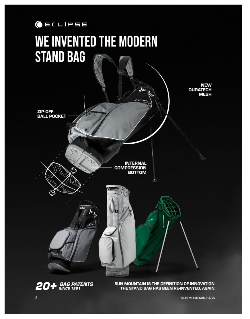 Sun Mountain Men's Eclipse 2.5 LS Lightweight Stand Golf Bag 4-Way Top - 8 Pockets, X Fit Dual Strap System, Push & Electric Cart Compatible Compression Base, 2025 Model - Black-White