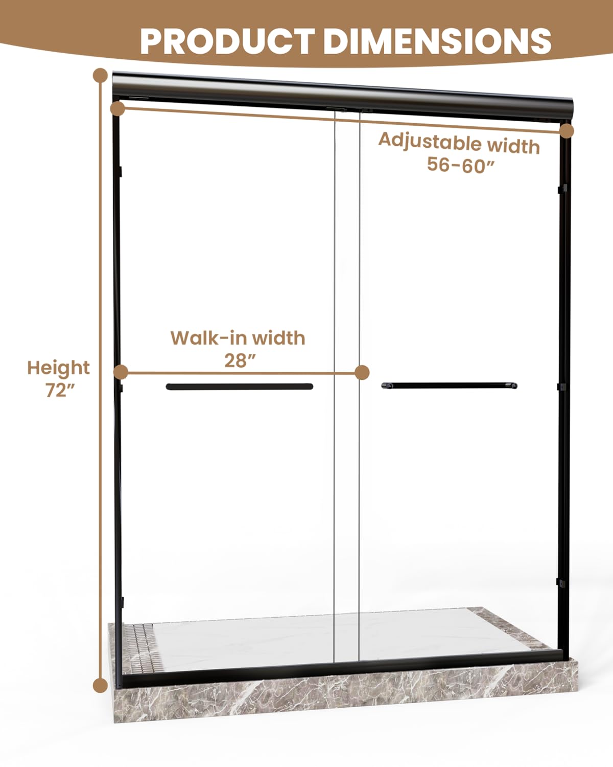 Sliding Shower Door 56-60" W x 72" H, Bathroom Sliding Door,Double Sliding Glass Shower Door, 1/4-Inch (6mm) Clear Tempered Glass, Easy Install Frameless Shower Doors for Walk-in Shower (Matte Black)