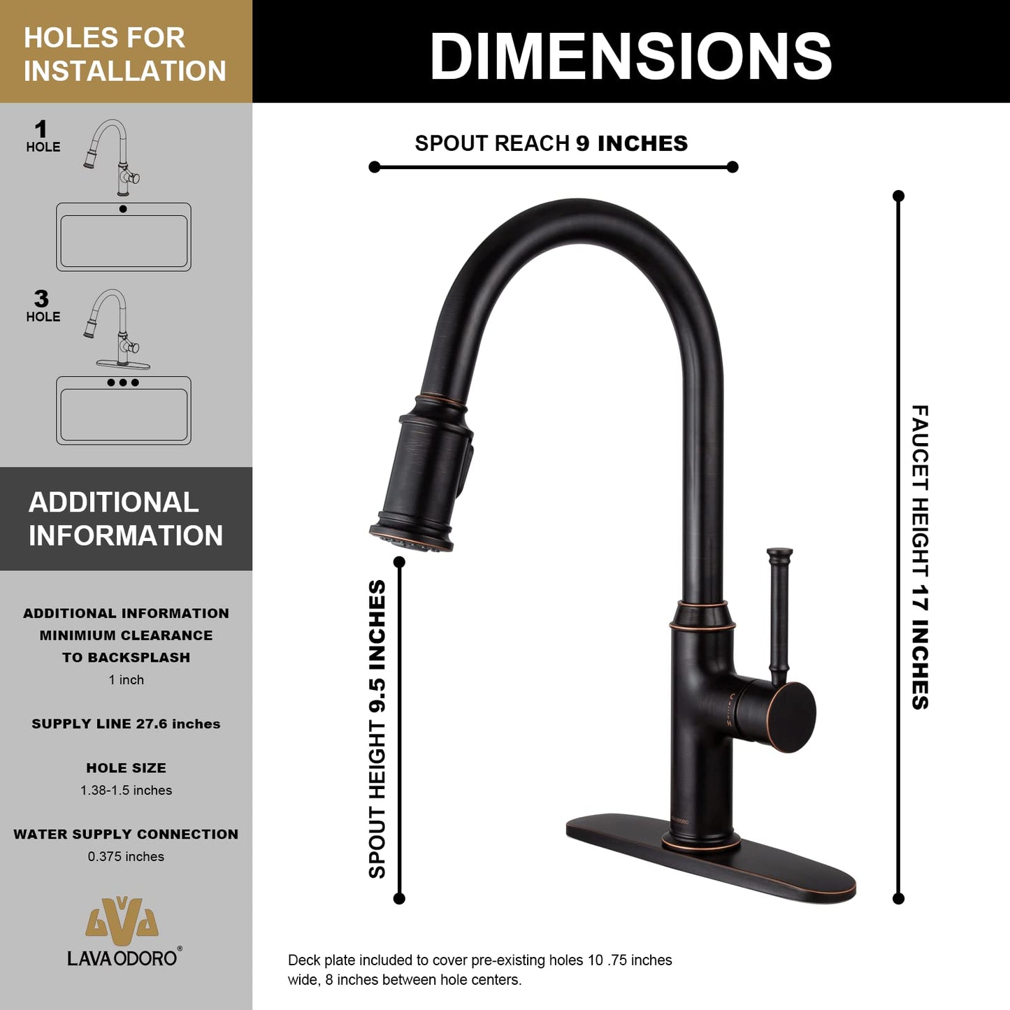 Lava Odoro Oil Rubbed Bronze Kitchen Faucet with Pull Down Sprayer, Single Handle Kitchen Sink Faucet Bronze Faucet for Kitchen Sink 1 Hole and 3 Hole, Deck Plate Included, KF421-ORB