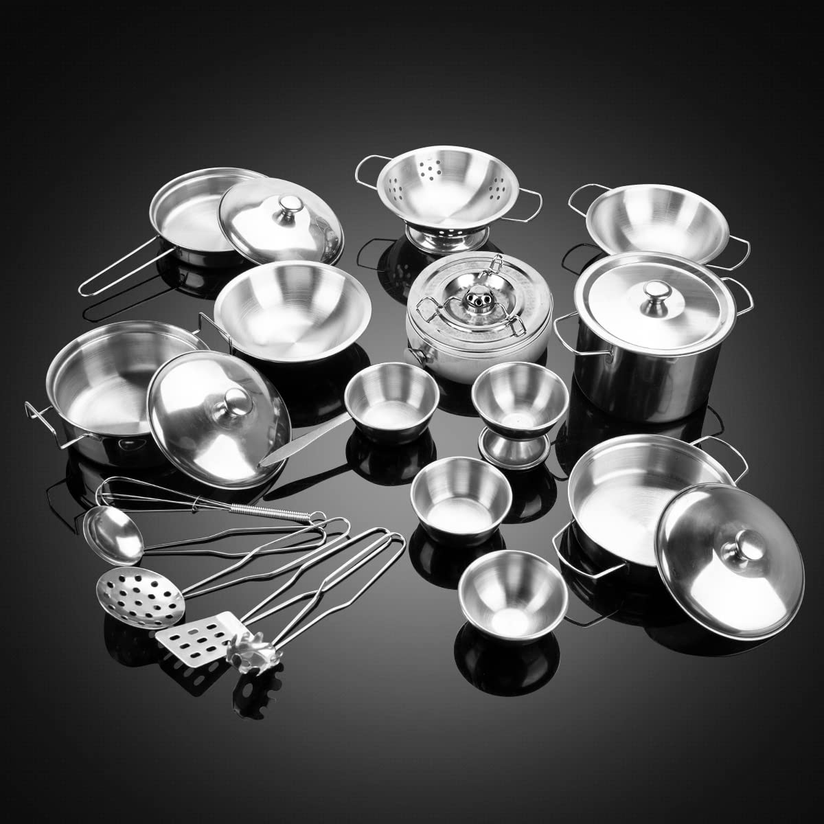 TekkPerry Kids Kitchen Pretend Play Toys, Cooking Toys Play Pots and Pans Set for Kids, 21pcs Small Stainless Steel Kitchen Cookware Kits Toys, Cookware Playset for Girls, Boys