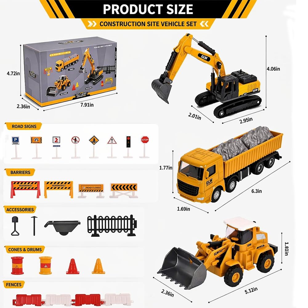 Unimoly Alloy Mini Construction Vehicles, 3Pcs Die-cast Metal Toy Set with Pull Back Action - Excavator, Dump Truck, Bulldozer for Toddlers & Kids 3 4 5 6 7 Years Old Boys Toys