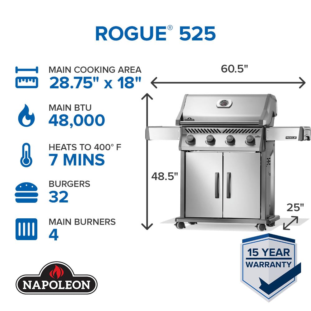 Napoleon Rogue 525 Natural Gas Grill, Stainless Steel, Durable 4-Burner Gas Grill