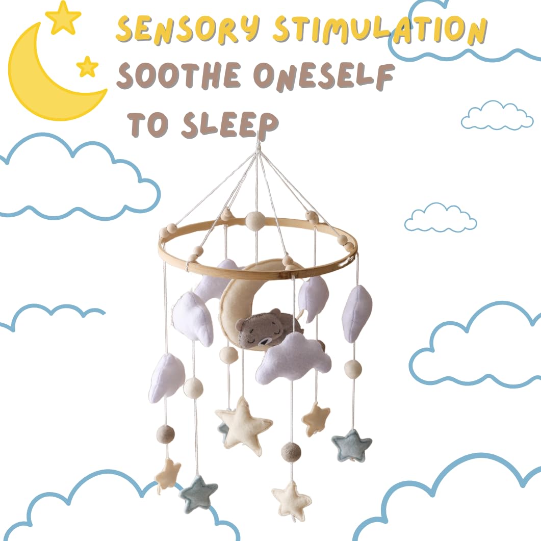 GOODMOM Baby Crib Mobile for Boys Girls Sleeping Bear Mobile for Crib, Baby Bassinet Mobile Toy for Soothing Sleep Gender Neutral Nursery Mobile - Sun, Moon, Cloud, Bear(Gery)