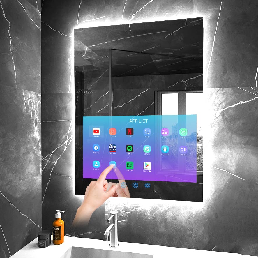 Leotachi 32"x24" Smart Waterproof Anti-Fog Vanity Mirror with Built-in 21.5" Touch Display, Android OS, Adjustable 3-Color LED, Bluetooth/WiFi/HDMI, Streaming Apps for Bathroom & Bedroom